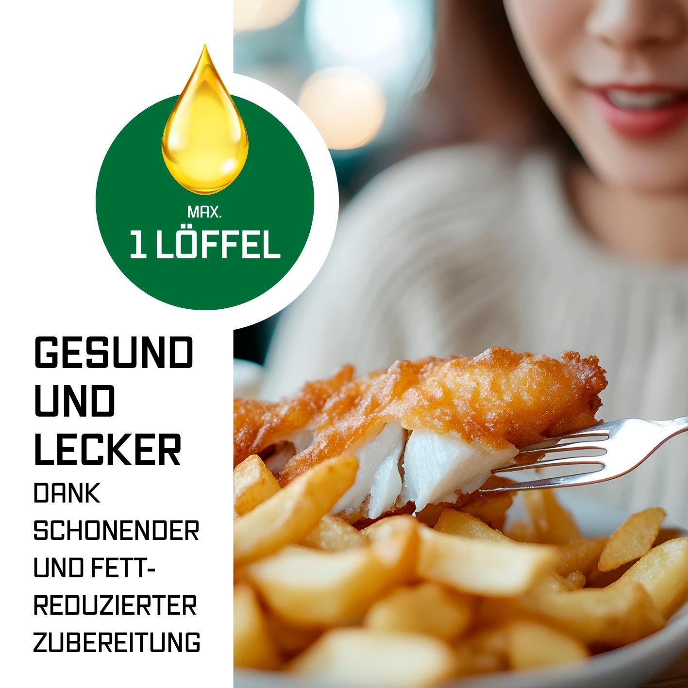 FryUp Vertikale Doppelkammer-Heißluftfritteuse - Grau zeigt fettarmes, gesundes Essen mit maximal 1 Löffel Öl zubereitet.