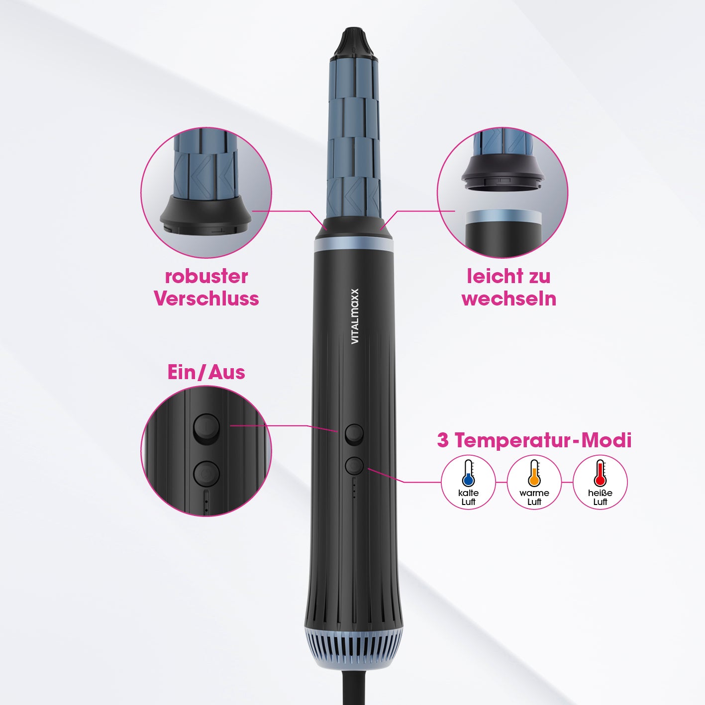 Air Styler Plus - trocknen, stylen, Locken kreieren mit robustem Verschluss, 3 Temperatur-Modi und leicht zu wechselnden Aufsätzen.