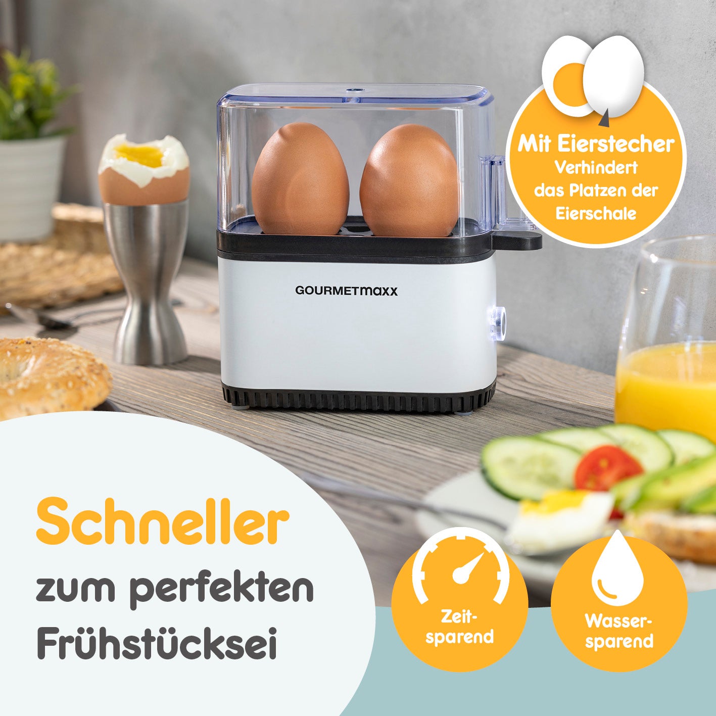 Design-Eierkocher 2 Eier - Weiß mit Eierspießer, kompakt für einfaches, schnelles Kochen perfekt zubereiteter Eier ohne Herd oder Topf.