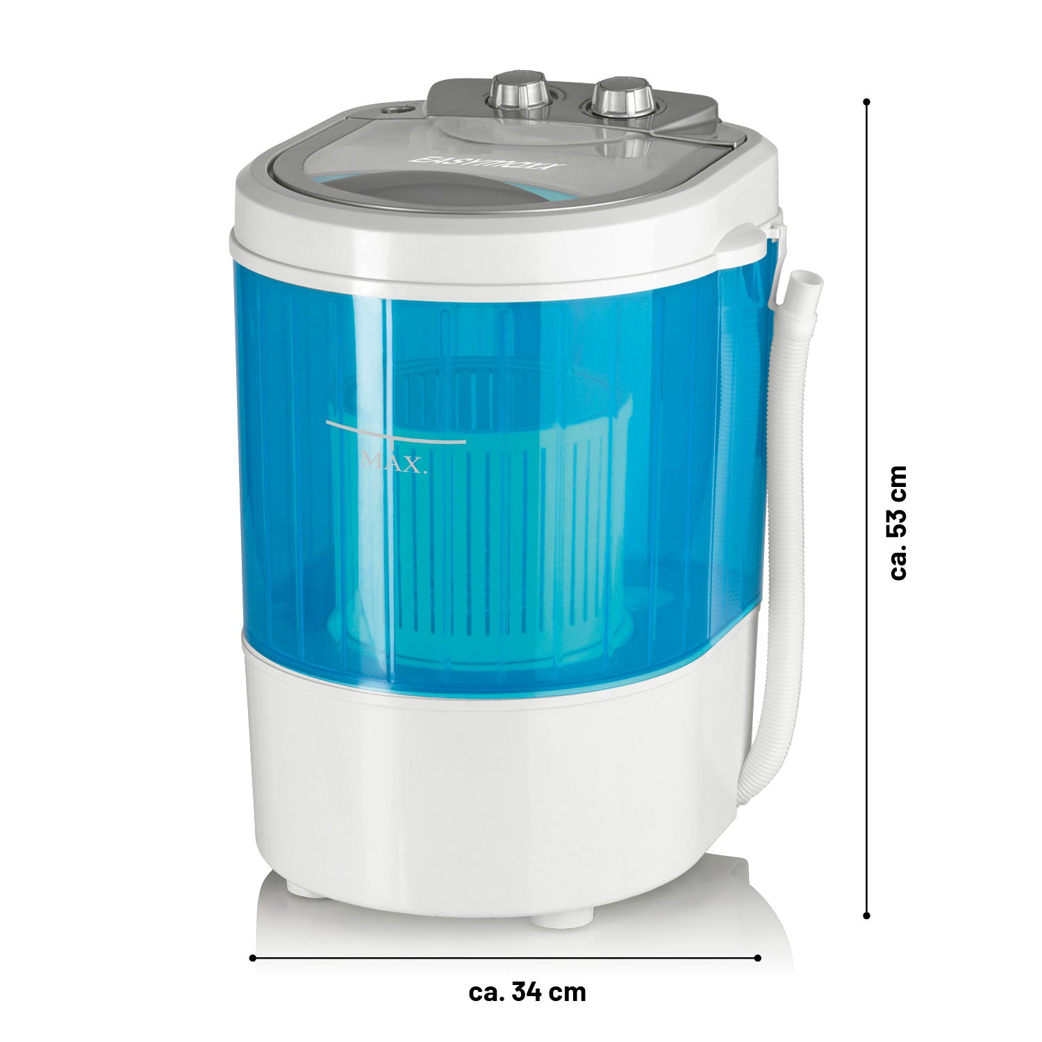 Mini-Waschmaschine - 260 Watt - weiß/blau, kompakt, 3 kg Kapazität, Wasch- und Schleudertimer, ideal für Reisen und Camping, leicht transportierbar.
