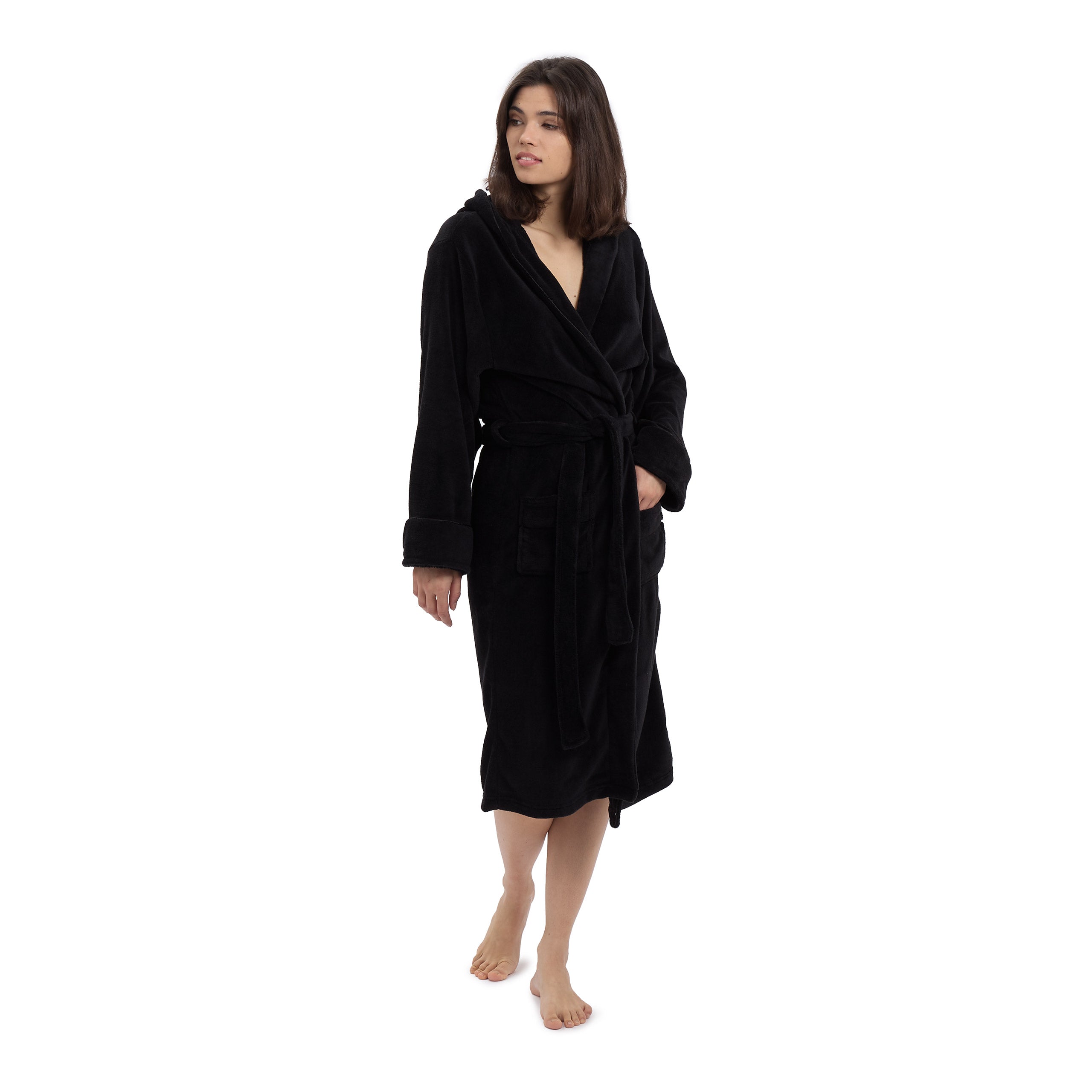 Luxury Mikrofaser Bademantel mit Kapuze für Damen und Herren in Schwarz, Größe XL, weich, wärmend und schnelltrocknend.