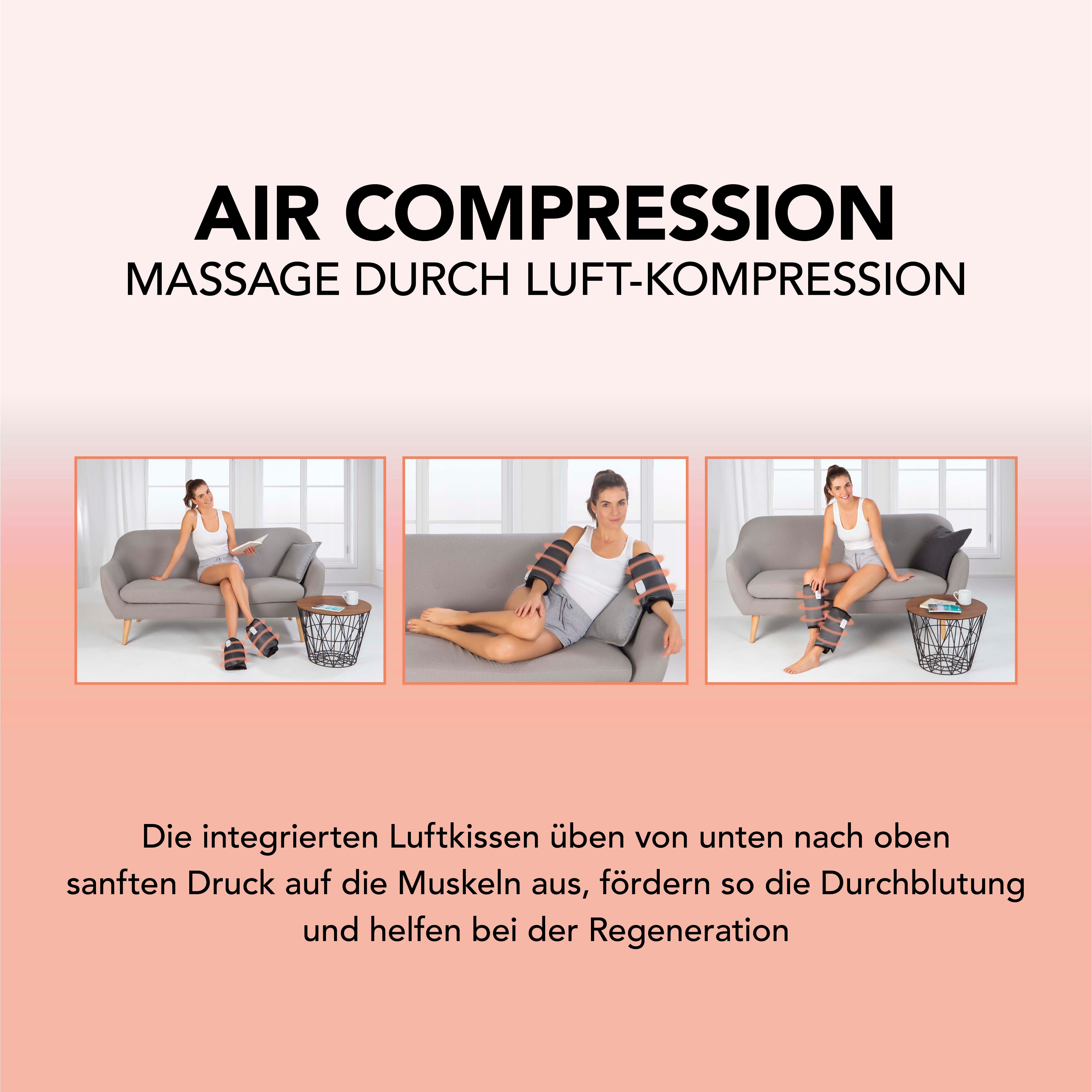 Venen-Massagegerät mit Wärmefunktion - Luftkompression für Arme & Beine, 2 Intensitätsstufen, stufenlos größenverstellbar und praktische Bedienung.