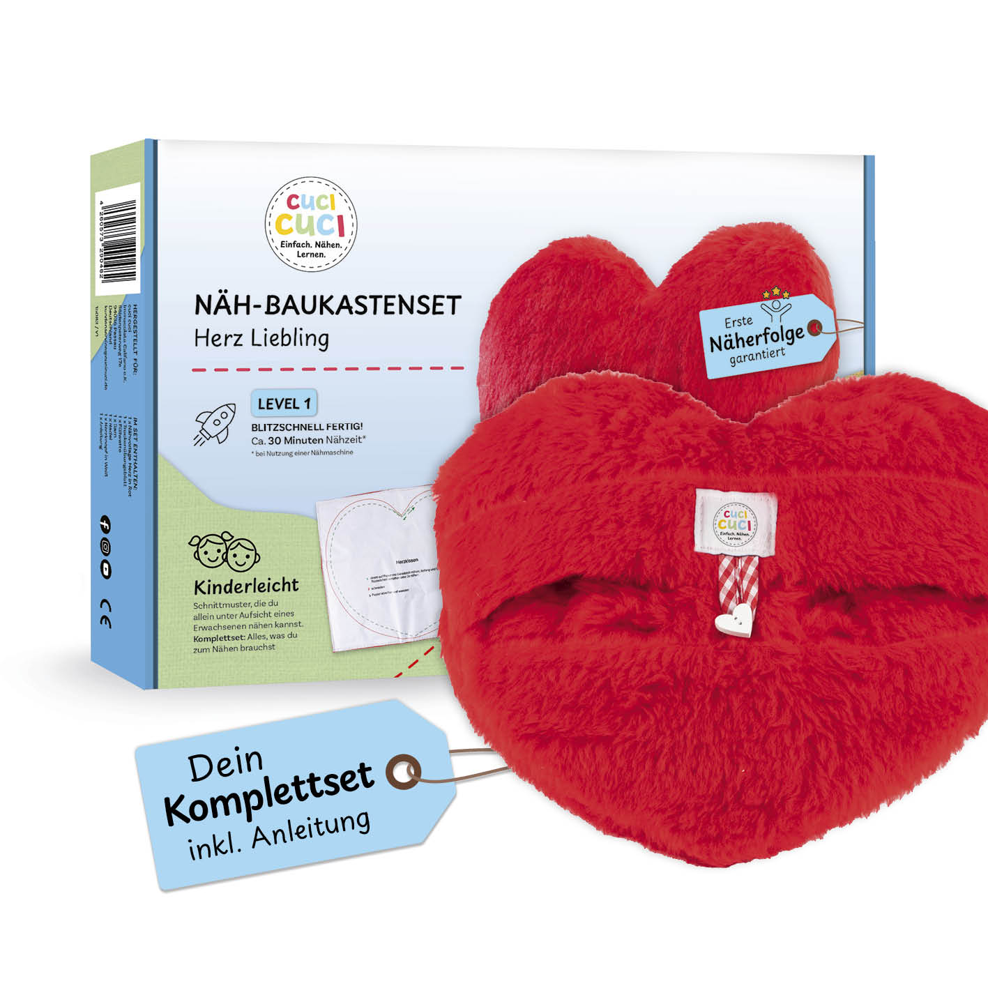 Näh-Baukastenset Motiv Herz Liebling – kinderleichtes Komplettset für erste Nähprojekte mit Nähmaschine ab 5 Jahren.