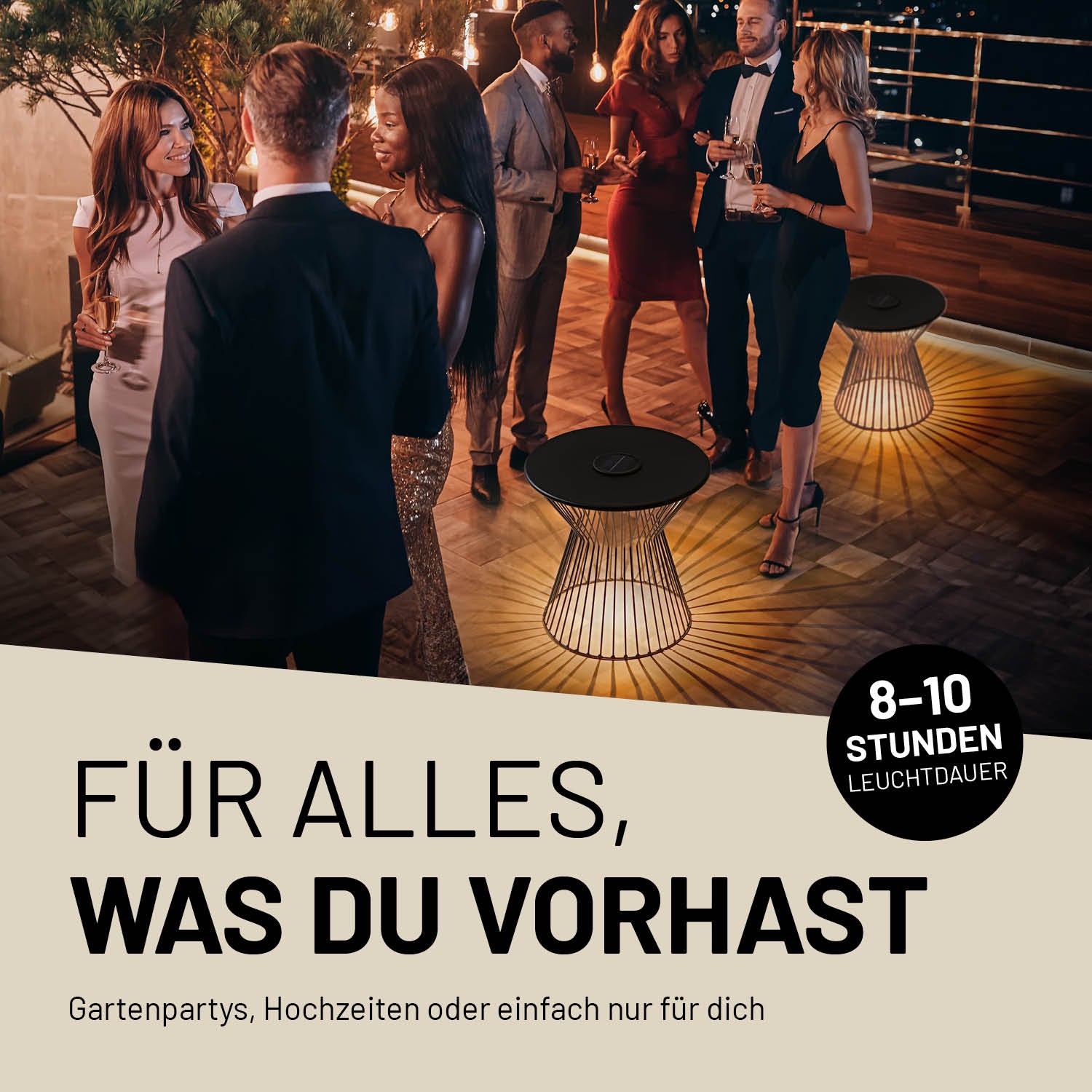 Beistelltisch als stilvoller LED-Lichtspender für In- & Outdoor, kompakt, wetterbeständig und ideal für Gartenpartys und Terrasse.