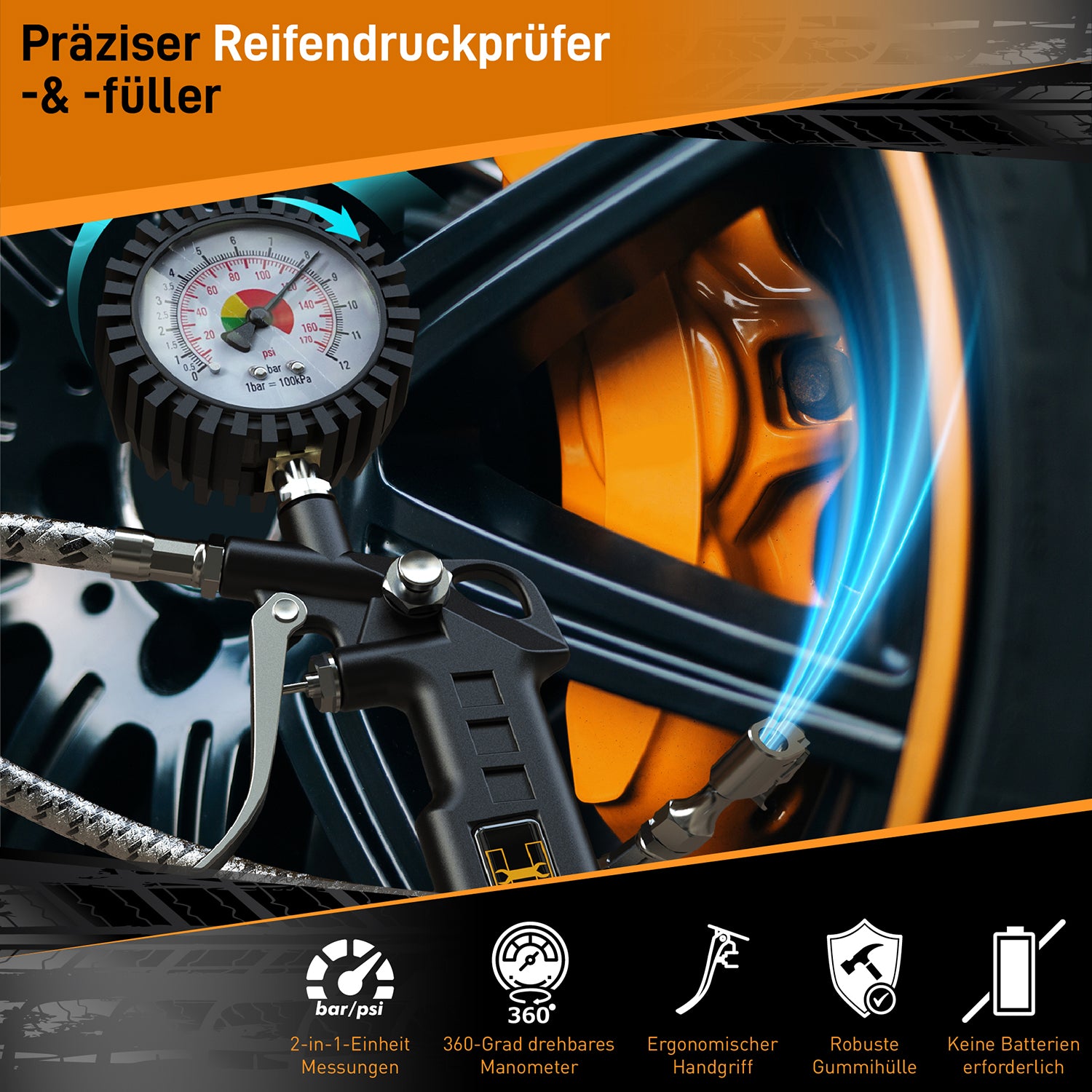 Reifendruckprüfer mit 360° drehbarem Manometer und robustem Schlauch zur präzisen Messung von Reifenluftdruck bei Pkw, Lkw, Motorrad und Fahrrad.