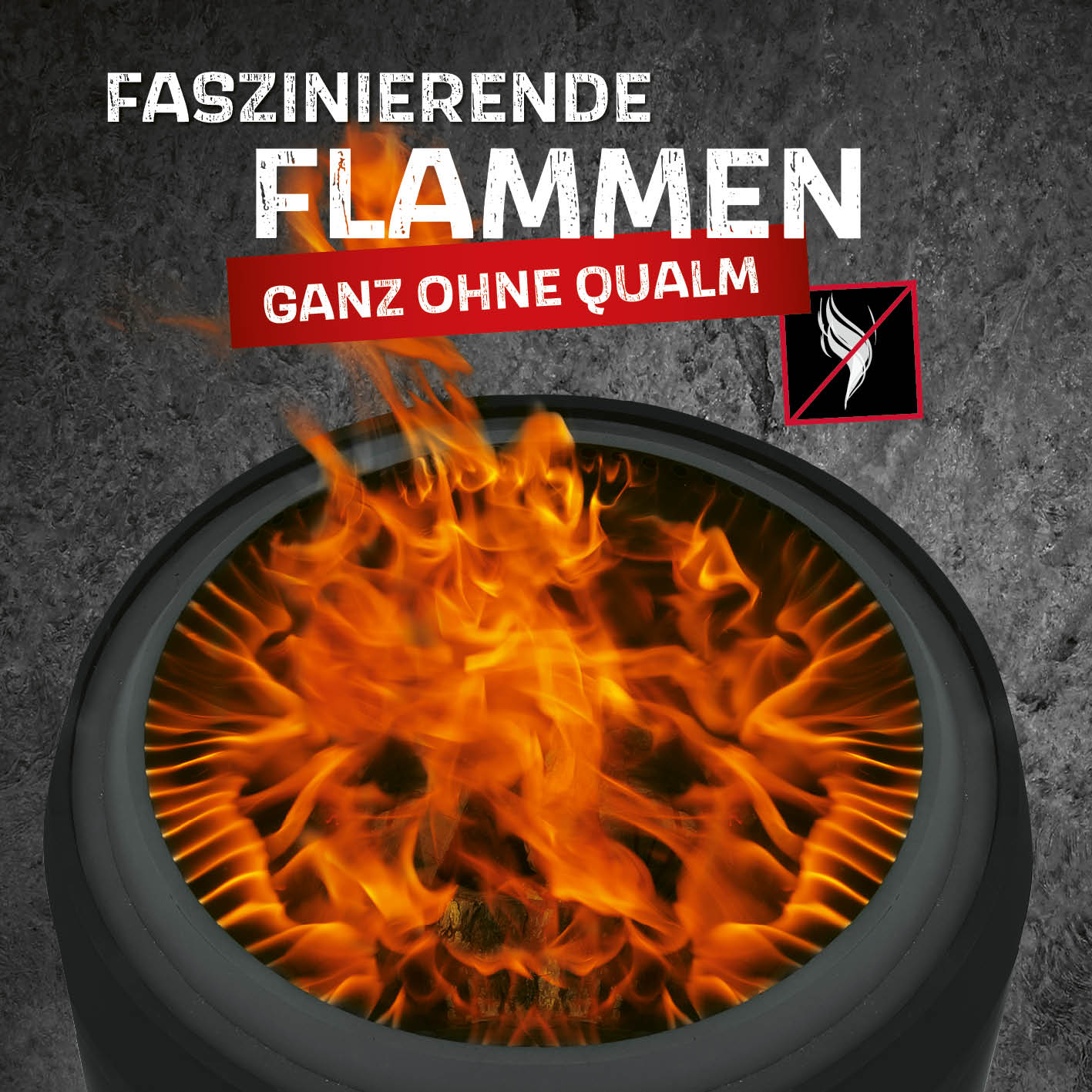 Raucharmer Feuerkorb Ø 50 cm - rund - schwarz mit faszinierenden Flammen und 360°-Luftzirkulation für rauchfreies Feuererlebnis.