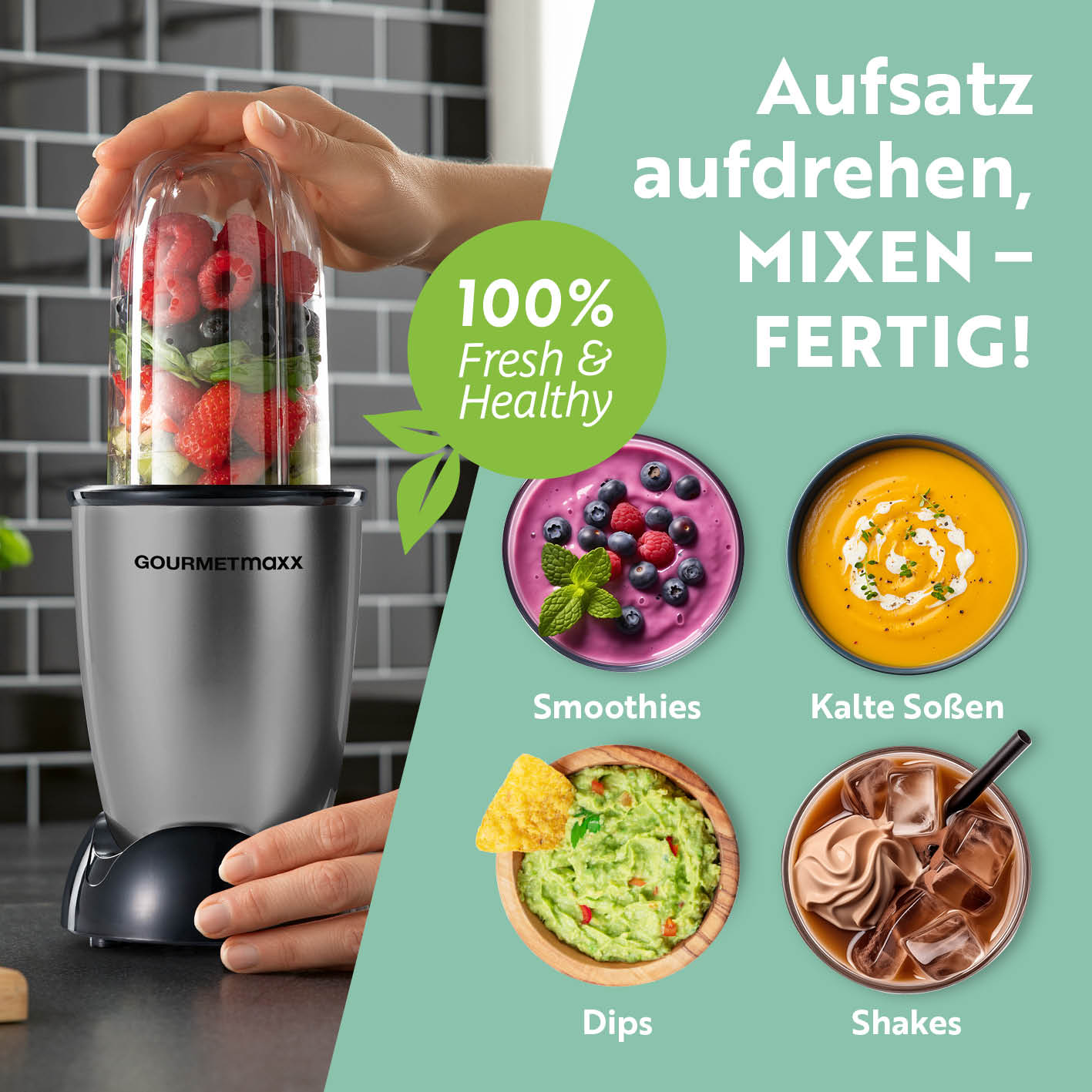 Mr. Magic Power 400 Pro mit Zubehörset L - Anthrazit/Schwarz kompakter Standmixer für Smoothies, Shakes, Dips und kalte Soßen.