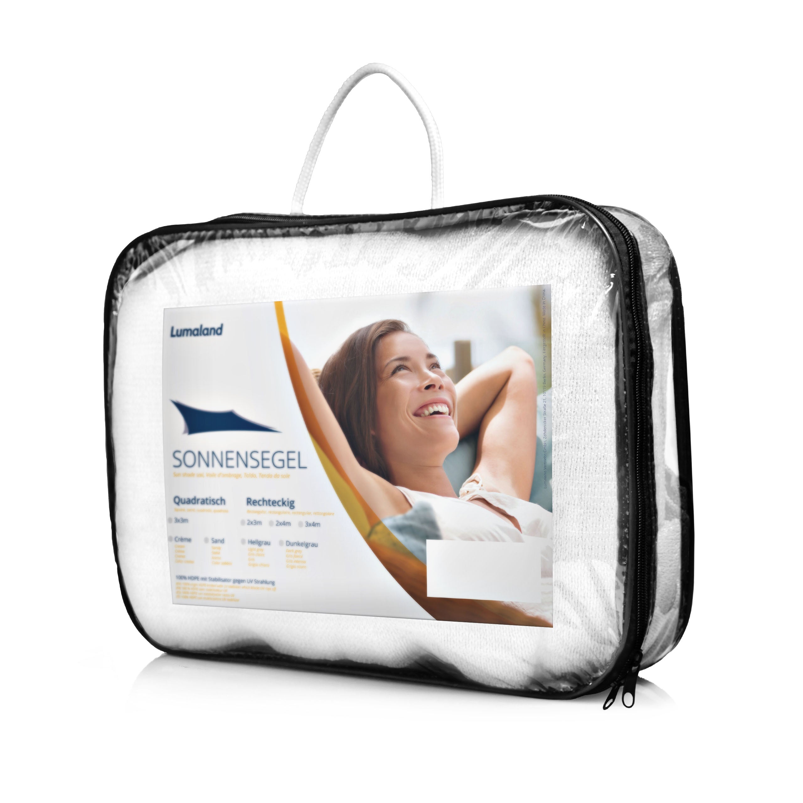 Sonnensegel 100% HDPE mit Stabilisator für UV-Schutz - Rechteck 3 x 4 Meter - Weiß, verpackt in praktische Tasche.