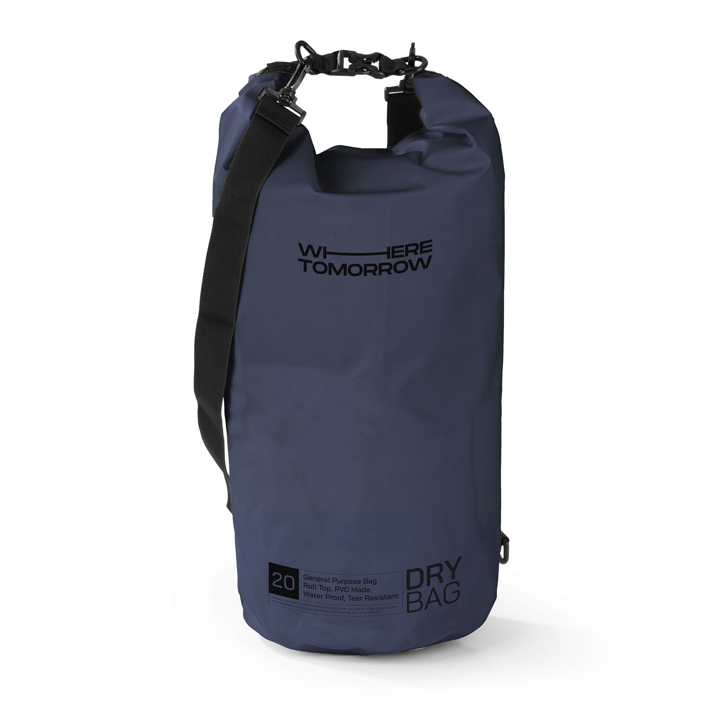 Dry Bag 20L - Style 01 - Dunkelblau, wasserdichter Outdoor-Rucksack mit Rolltop, verstellbarem Schultergurt und robusten Schnallen.