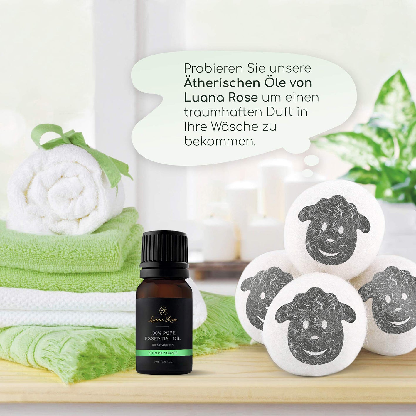 Trocknerbälle für Wäschetrockner - 6er-Set - Schafwolle mit Schäfchen-Motiv und ätherischem Öl für sanfte, schnelle und fusselfreie Wäsche.