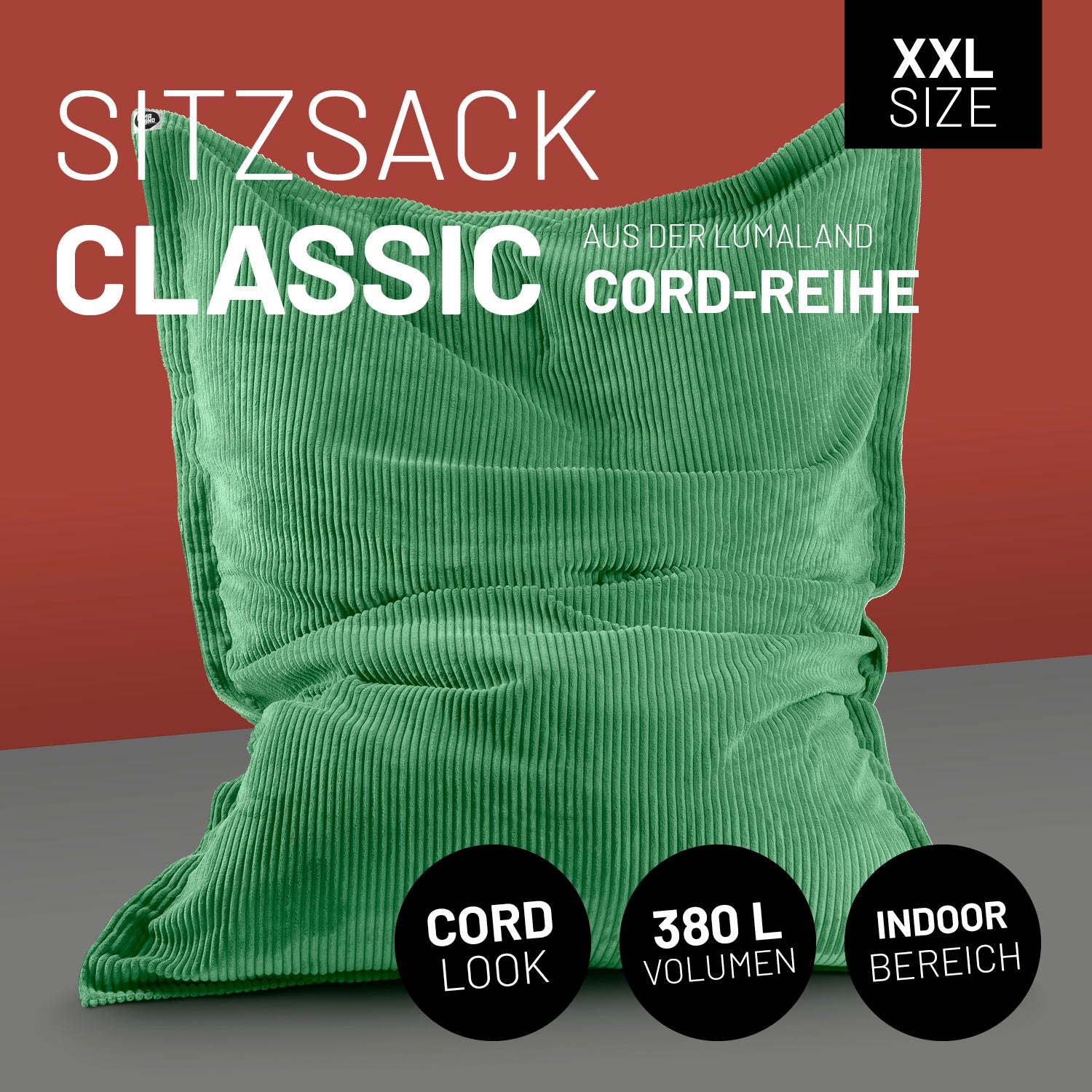 Sitzsack Classic XXL aus der LUMALAND Cord-Reihe - 380 L - 140 x 180 cm - Dunkelgrün mit robustem, weichem Cord-Bezug für den Indoor-Bereich.