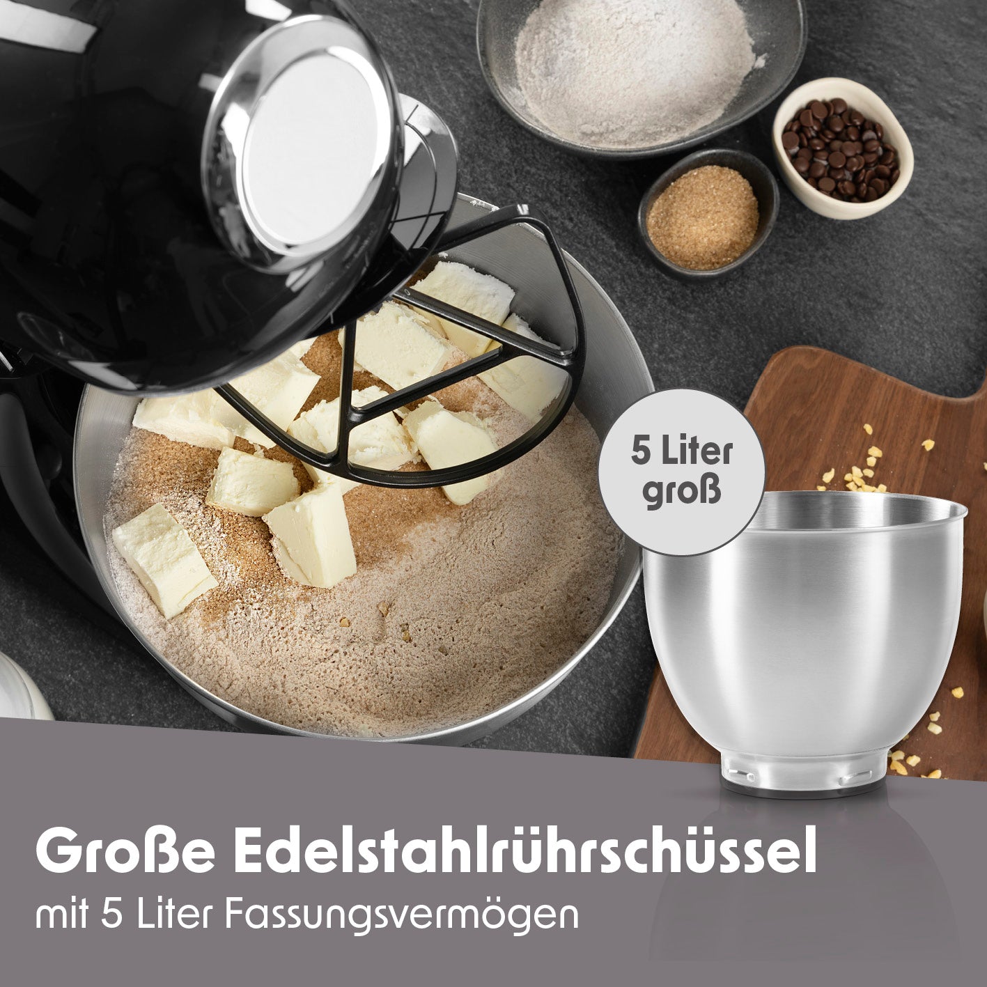 Küchenmaschine mit leistungsstarkem 1000 W Motor, planetarischem Rührsystem und großer 5 Liter Edelstahlrührschüssel.