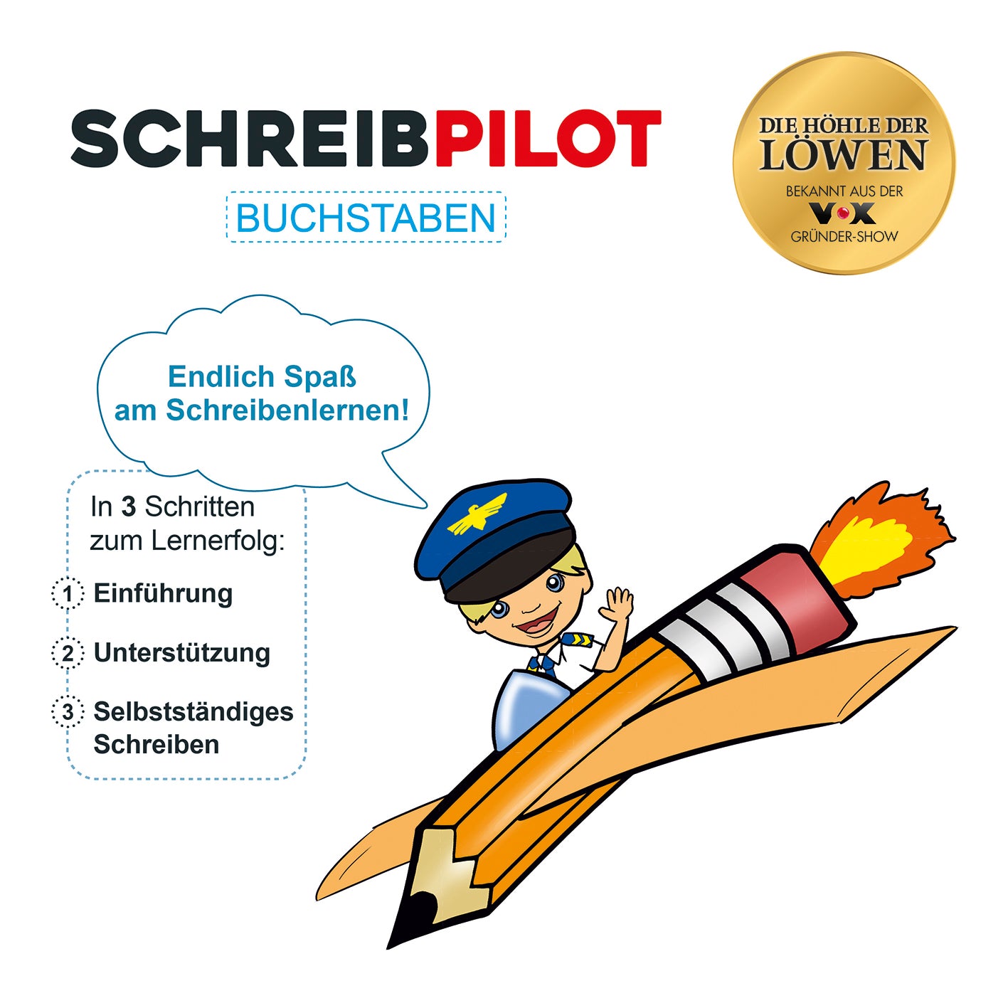 Heft Buchstaben mit Bleistift/Radiergummi - DIN-A4 zeigt kindgerechtes Schreiblern-System mit Stift und Anleitung in 3 Schritten.