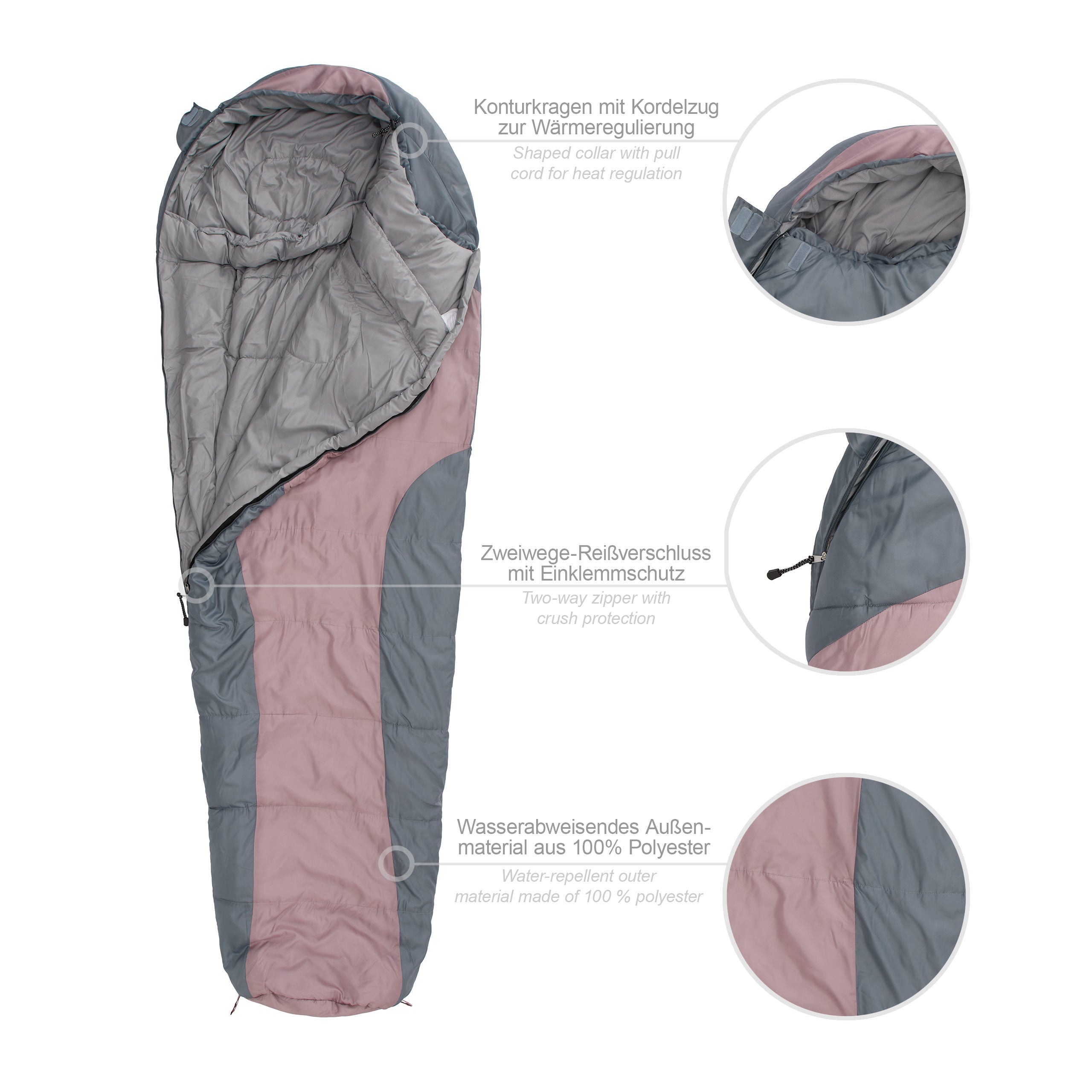 Camping Schlafsack Classic - Mumienschlafsack Rosé mit wasserabweisendem Außenmaterial, Konturkapuze und praktischem Packsack, 230 x 80 x 55 cm.