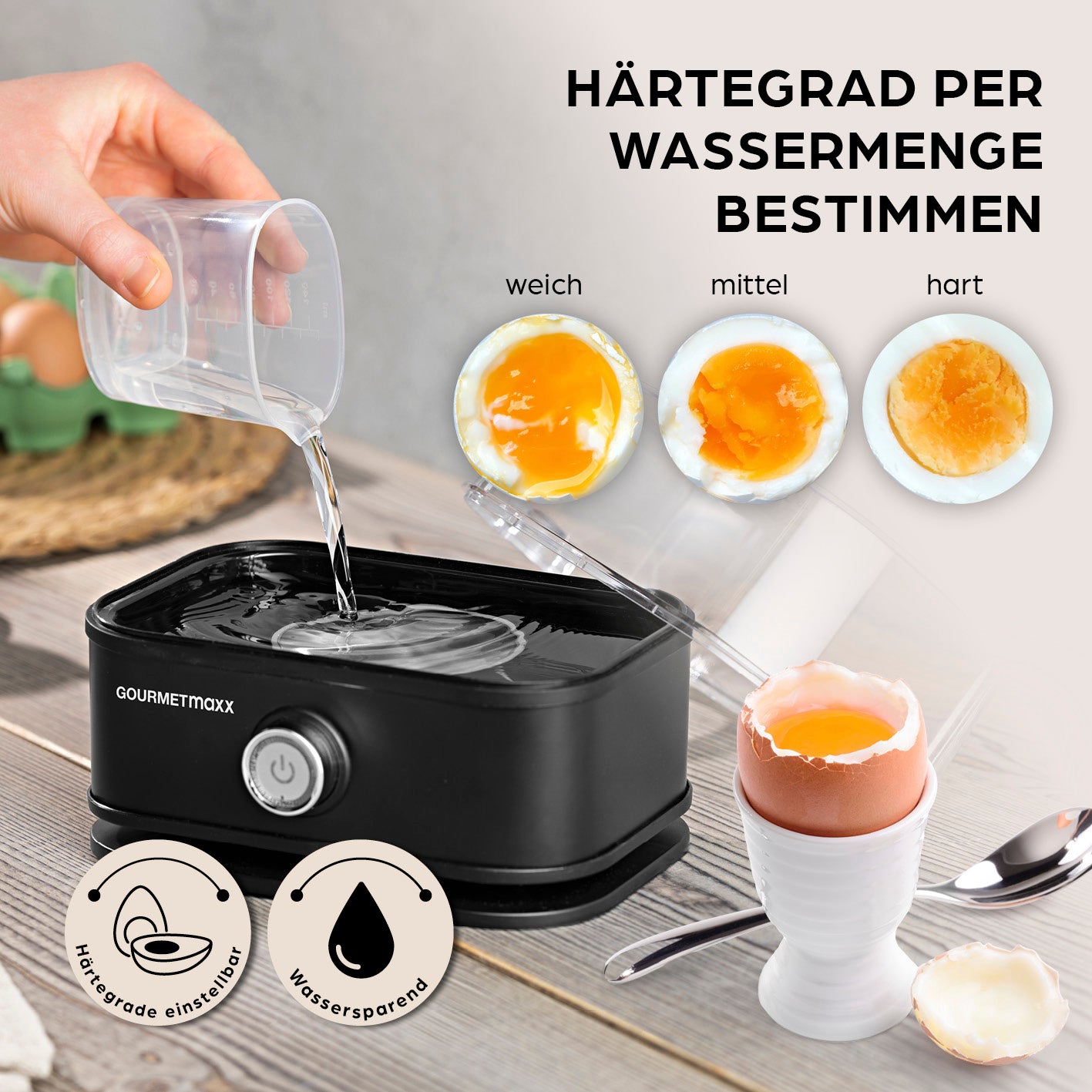Design-Eierkocher 6 Eier - Schwarz mit Wassermessbecher für drei Härtegrade von weich bis hart, energiesparend und einfach zu bedienen.