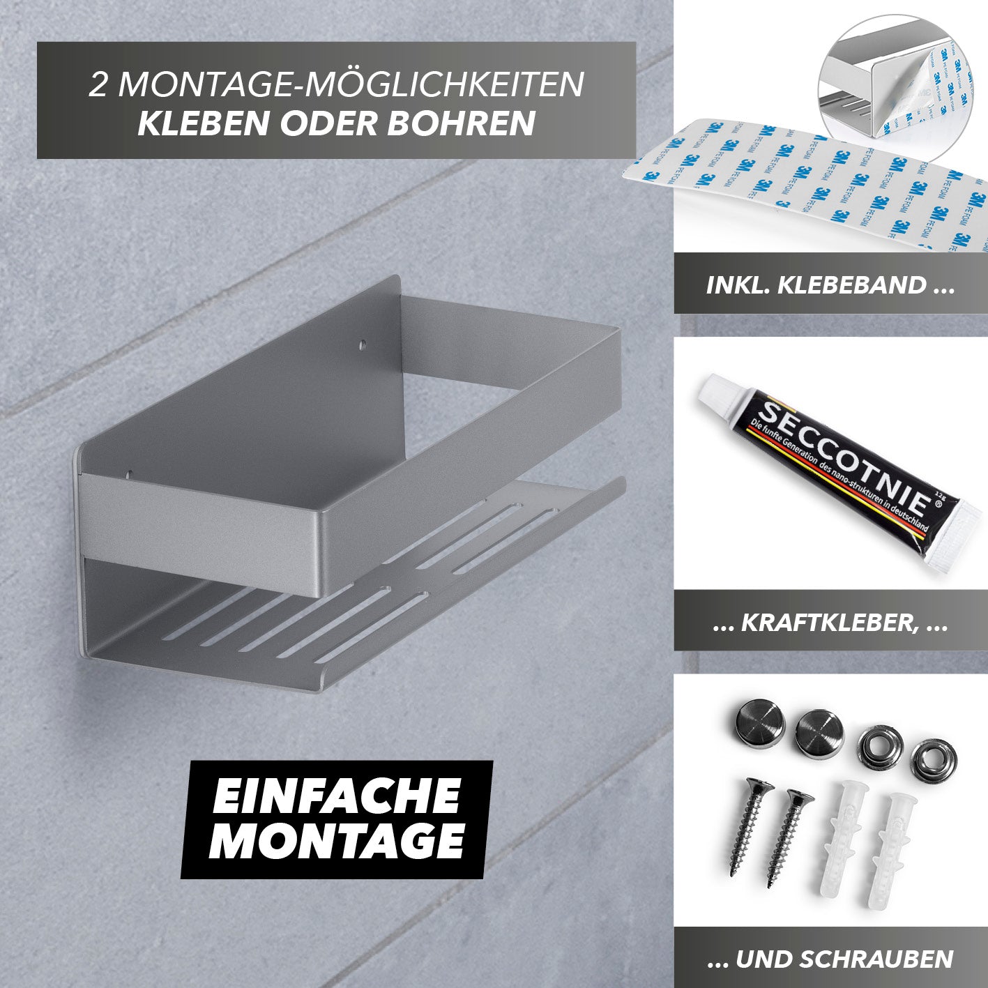 Dusch-Organizer zum Kleben oder Bohren - Silber, platzsparend, rostfrei, mit Wasserrillen und vielseitiger Montage für Shampoo und Duschgel.
