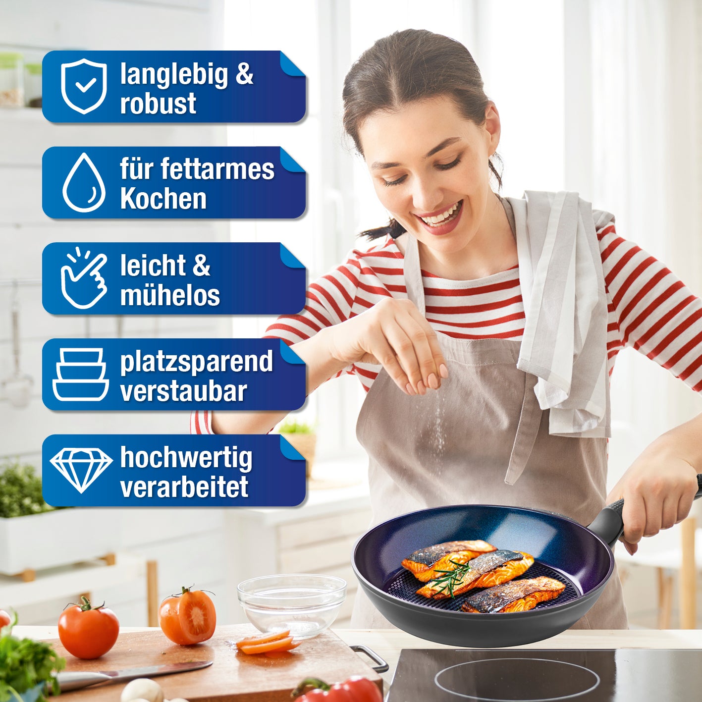 Aluminium-Bratpfanne Ø 28 cm von BRATmaxx, antihaftbeschichtet, langlebig, leicht, für fettarmes Kochen auf allen Herdarten.