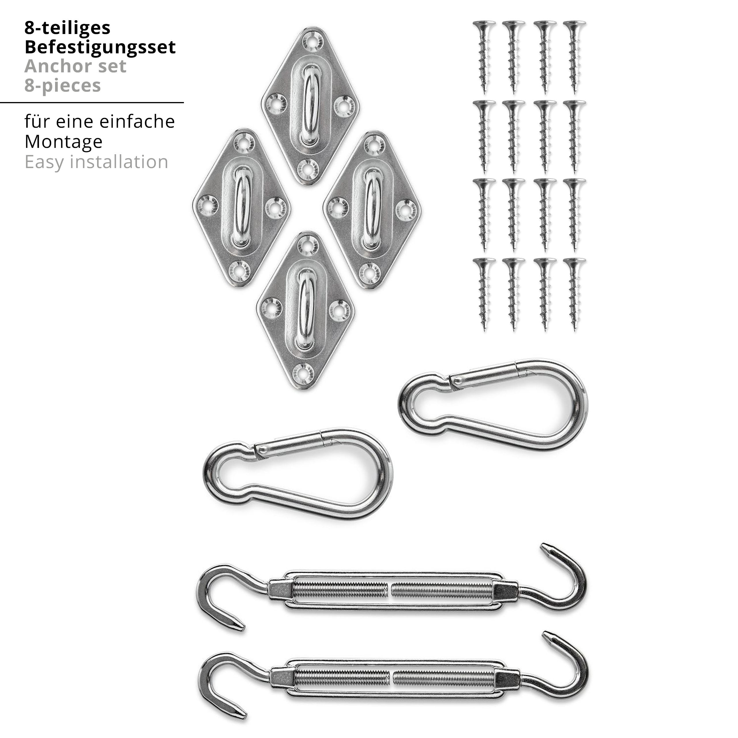 Befestigungsset - Fixierungsset für Sonnensegel aus rostfreiem Edelstahl mit Wandhalterungen, Karabinern und Spannschlössern, 8-teilig.