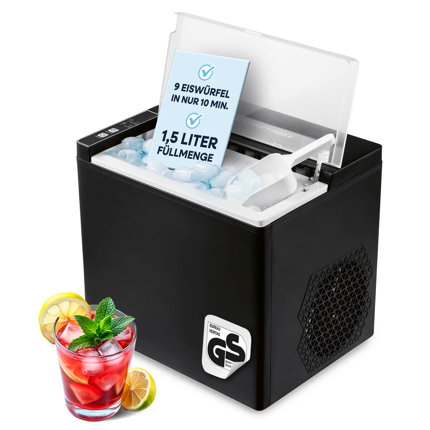 Eiswürfelmaschine inkl. Auffangbehälter & Eisschaufel mit 1,5-L-Wassertank produziert 9 Eiswürfel in 10 Minuten schnell und einfach.