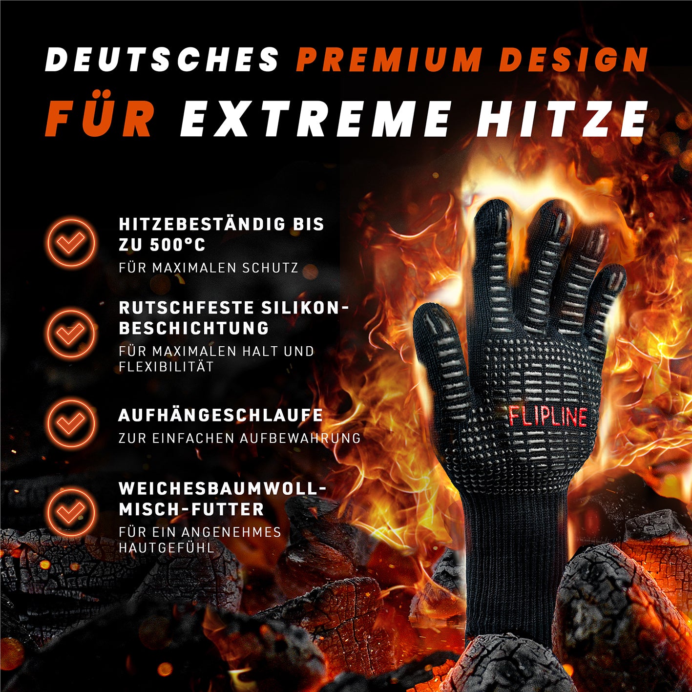 Grillhandschuhe - Größe L mit hitzebeständigem Aramidfaser-Material, Silikonbeschichtung und Baumwollfutter für optimalen Hitzeschutz.