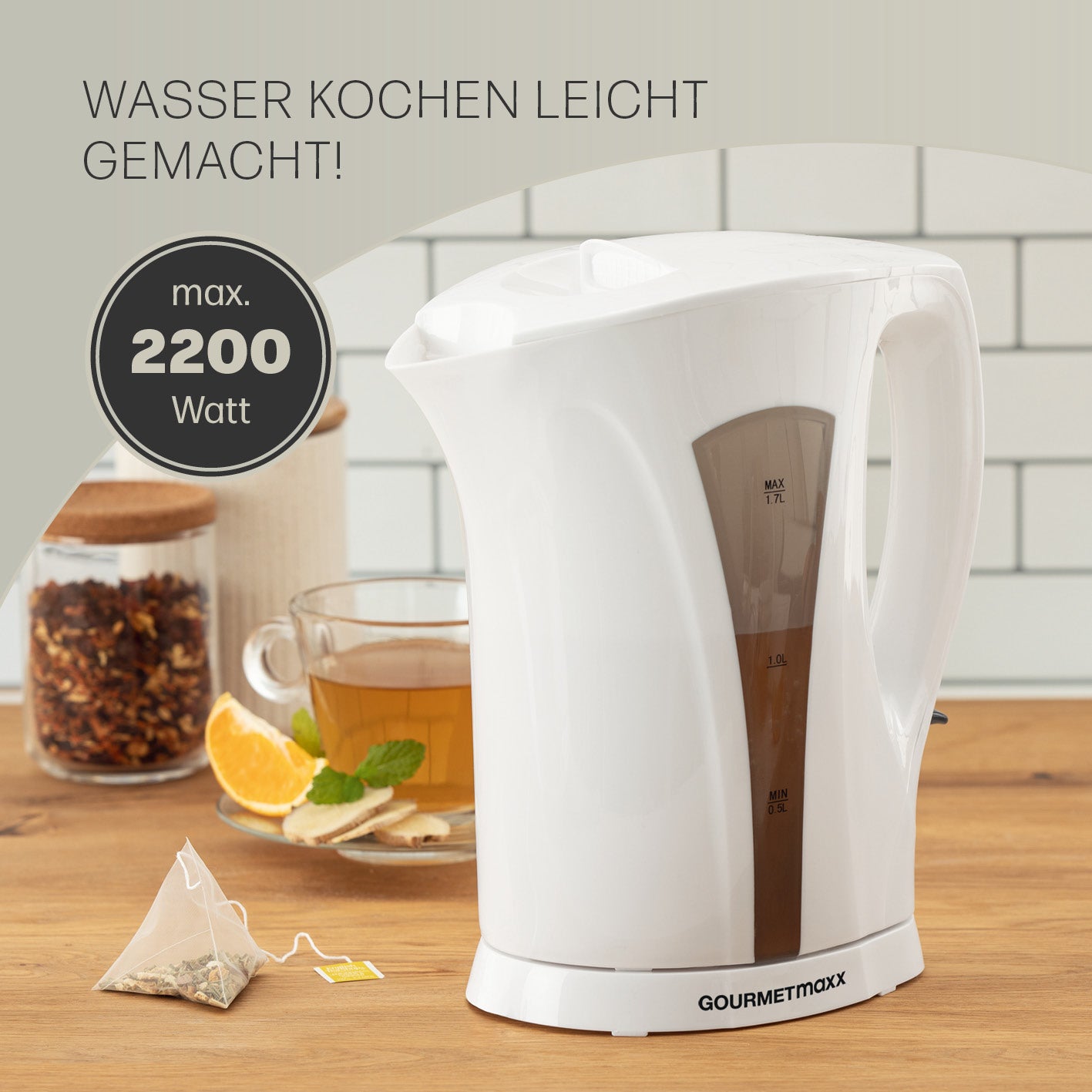 Wasserkocher mit Kalkfilter - 1,7l - weiß/grau kabellos mit separatem Sockel und Wasserstandsanzeige für einfaches Kochen.