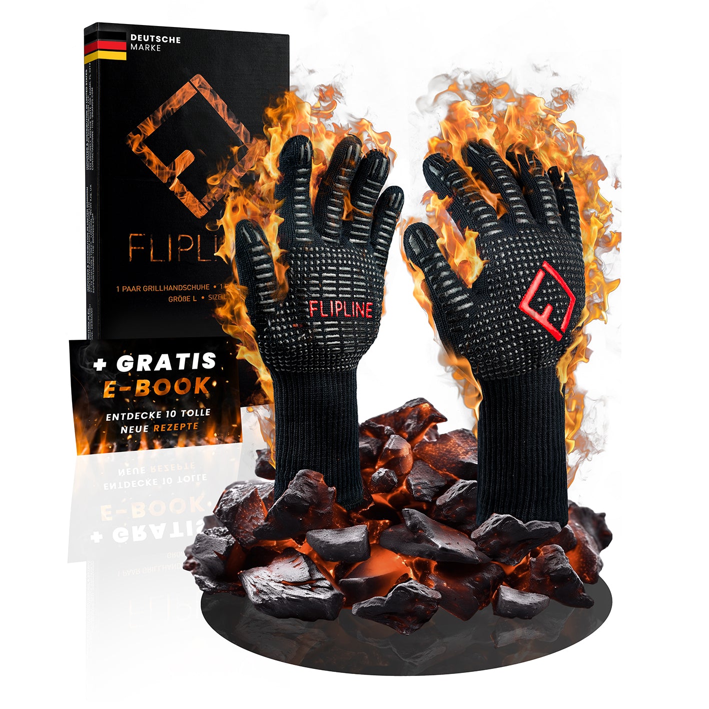 Grillhandschuhe - Größe L hitzebeständig bis 500° mit Silikonbeschichtung für sicheren Griff und langem Unterarmschutz.
