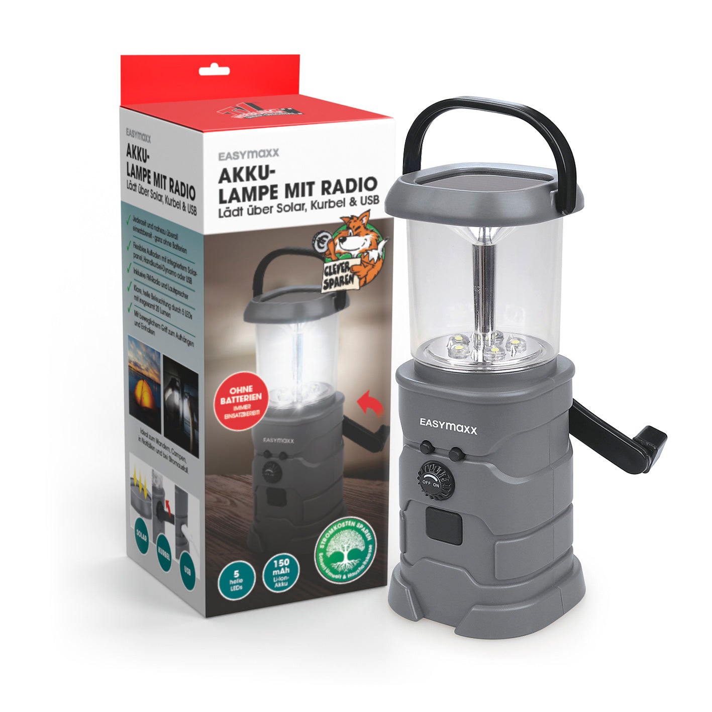 Akku-Lampe mit Radio lädt über Solar, Kurbel und USB, mit 5 LEDs, FM-Radio, Lautsprecher und beweglichem Griff zum Aufhängen.