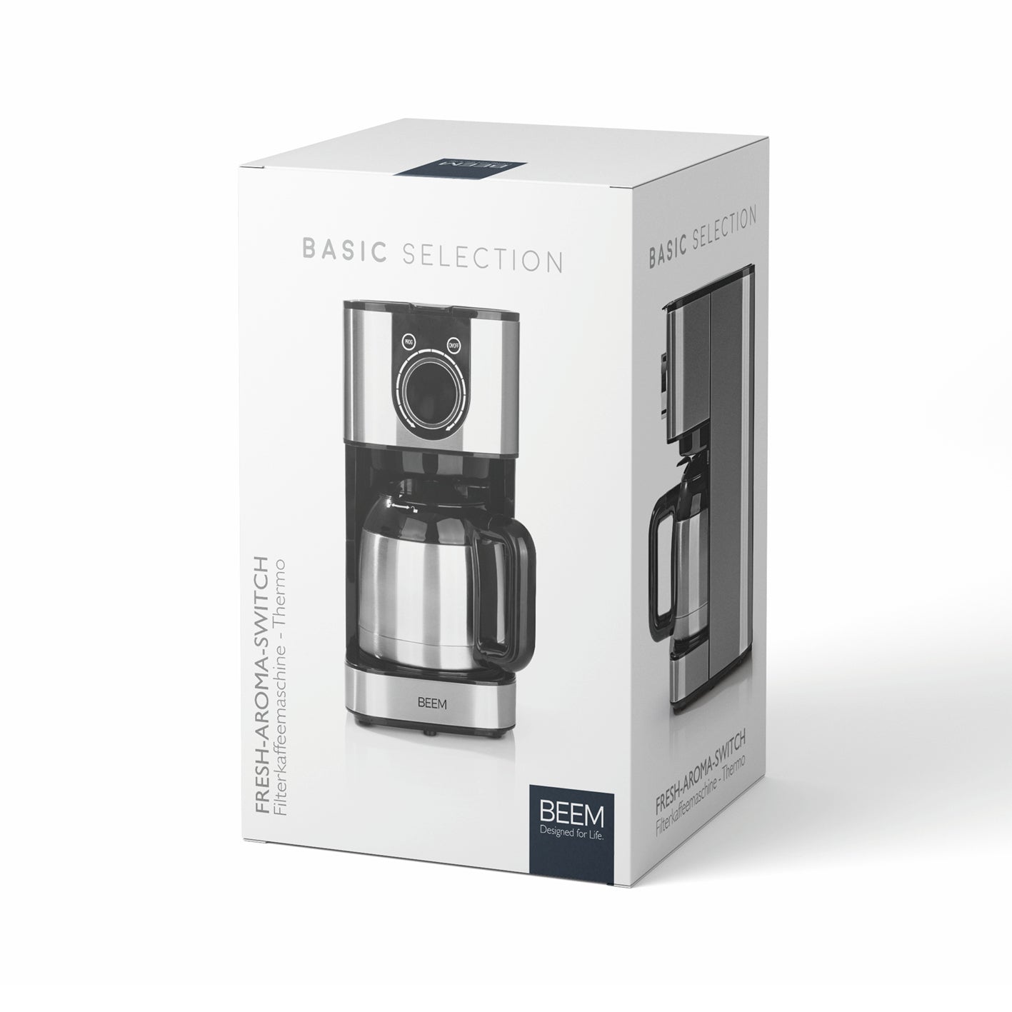 Kaffeemaschine Fresh-Aroma-Switch Thermo mit LED-Touch-Display, Timer, Doppelwand-Kanne und modernem Design auf weißer Verpackung.