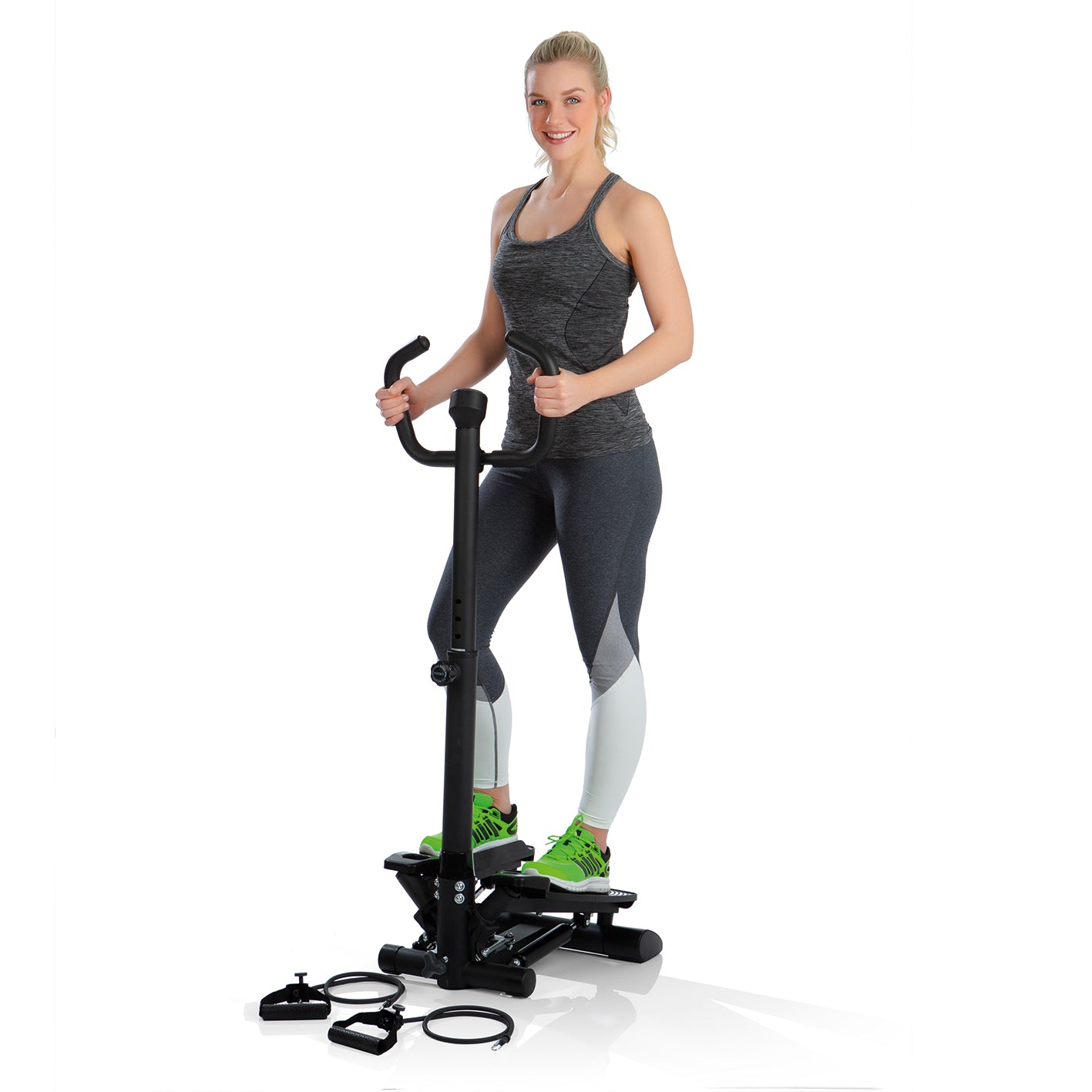 Fitnesstrainer Swing Stepper mit 2 Expanderbändern, kompakter Stepper mit Handgriff und Trainingscomputer für Bein- und Armtraining.