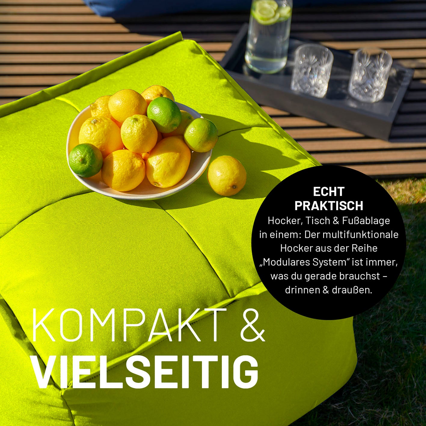 Sitzsack-Hocker (200 L) Apfelgrün, modulare Funktion als Hocker, Tisch und Fußablage, für drinnen und draußen geeignet.
