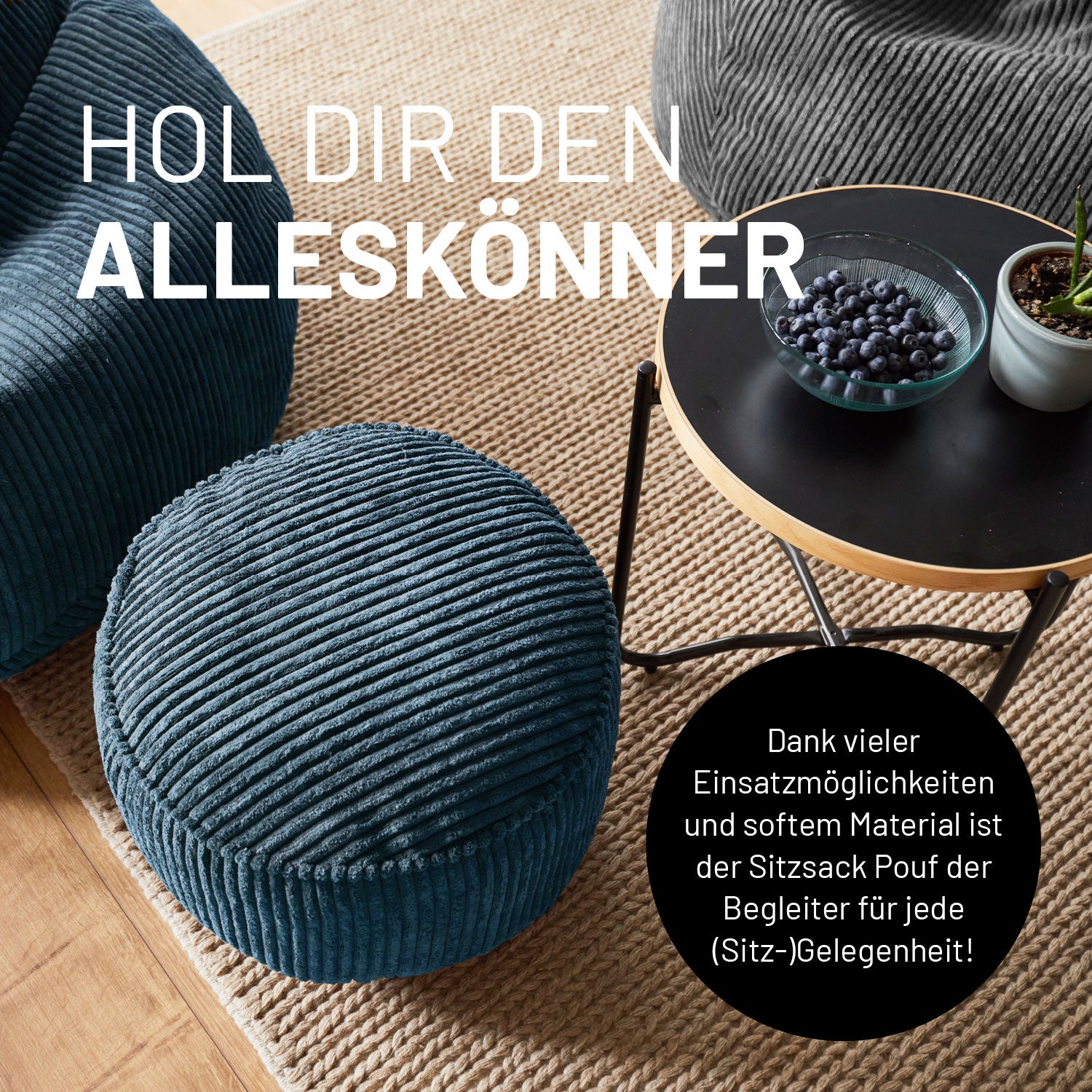 Sitzsack Pouf aus der Cord-Reihe - Beige in geripptem Stoff als Hocker, Schemel und Ablage im Vintage-Boho-Design.