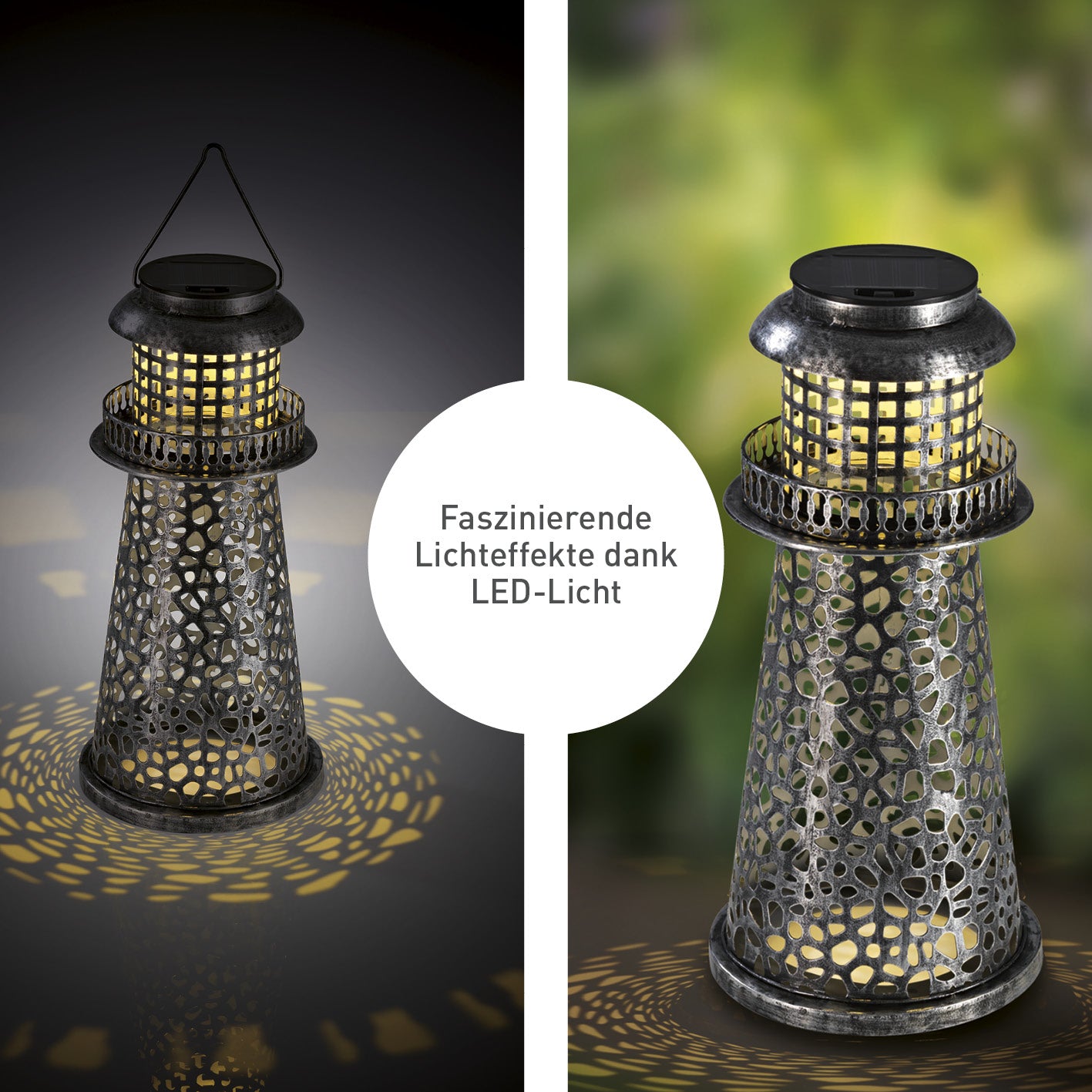 Solar-Leuchte Leuchtturm - silber mit perforiertem Metall-Design und kabellosem LED-Licht für Garten, Terrasse und Balkon.
