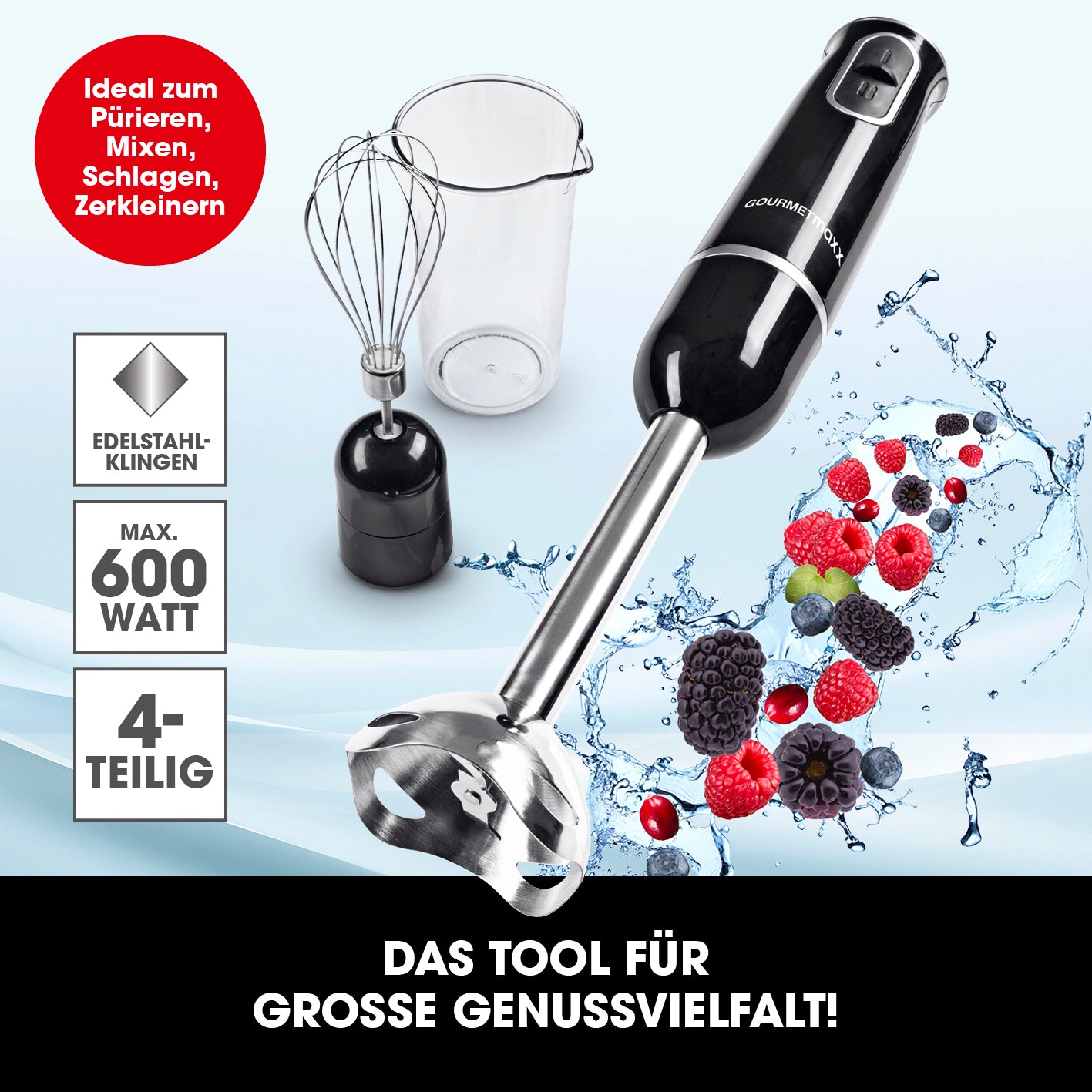 Stabmixer inkl. Rühraufsatz und Messbecher - schwarz/chrom mit Edelstahlklinge, 600 ml Becher und zwei Leistungsstufen für vielseitiges Mixen