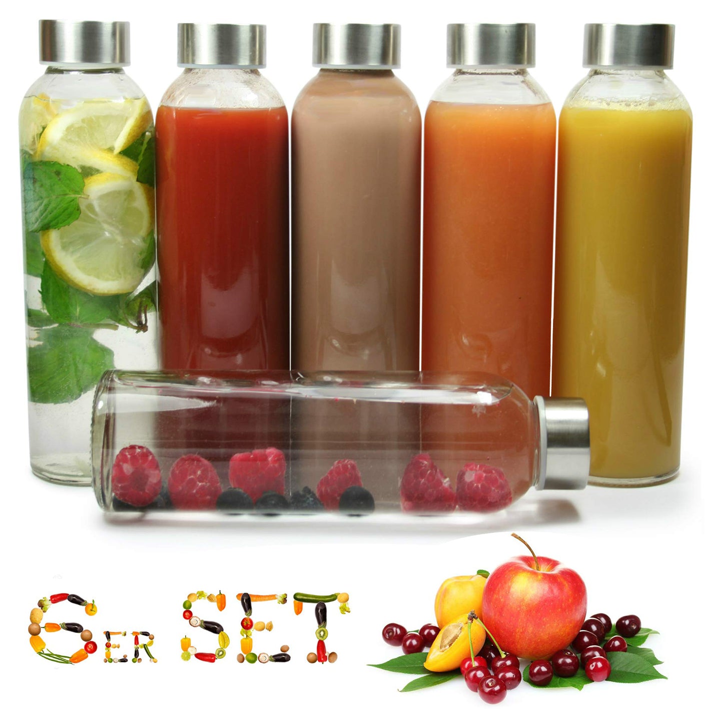 Glasflaschen 500 ml, 6er-Set + Flaschenbürste aus robustem Kalknatronglas mit Edelstahl-Deckel, ideal für kalte und heiße Getränke.