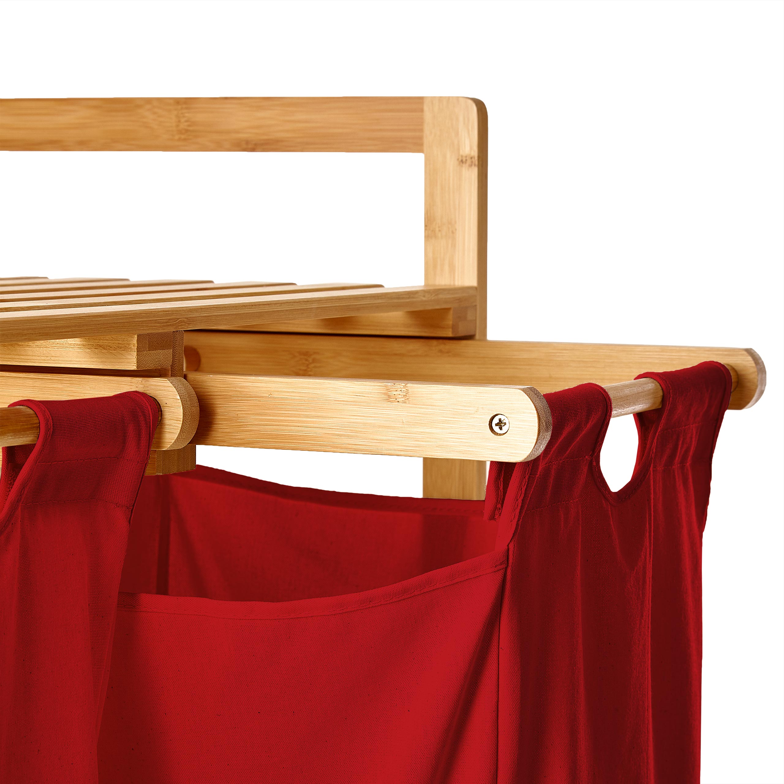 Bambus Wäschekorb mit 2 ausziehbaren roten Wäschesäcken, Maße 73 x 64 x 33 cm, stilvoll und praktisch für Haushalt und Sortierung.