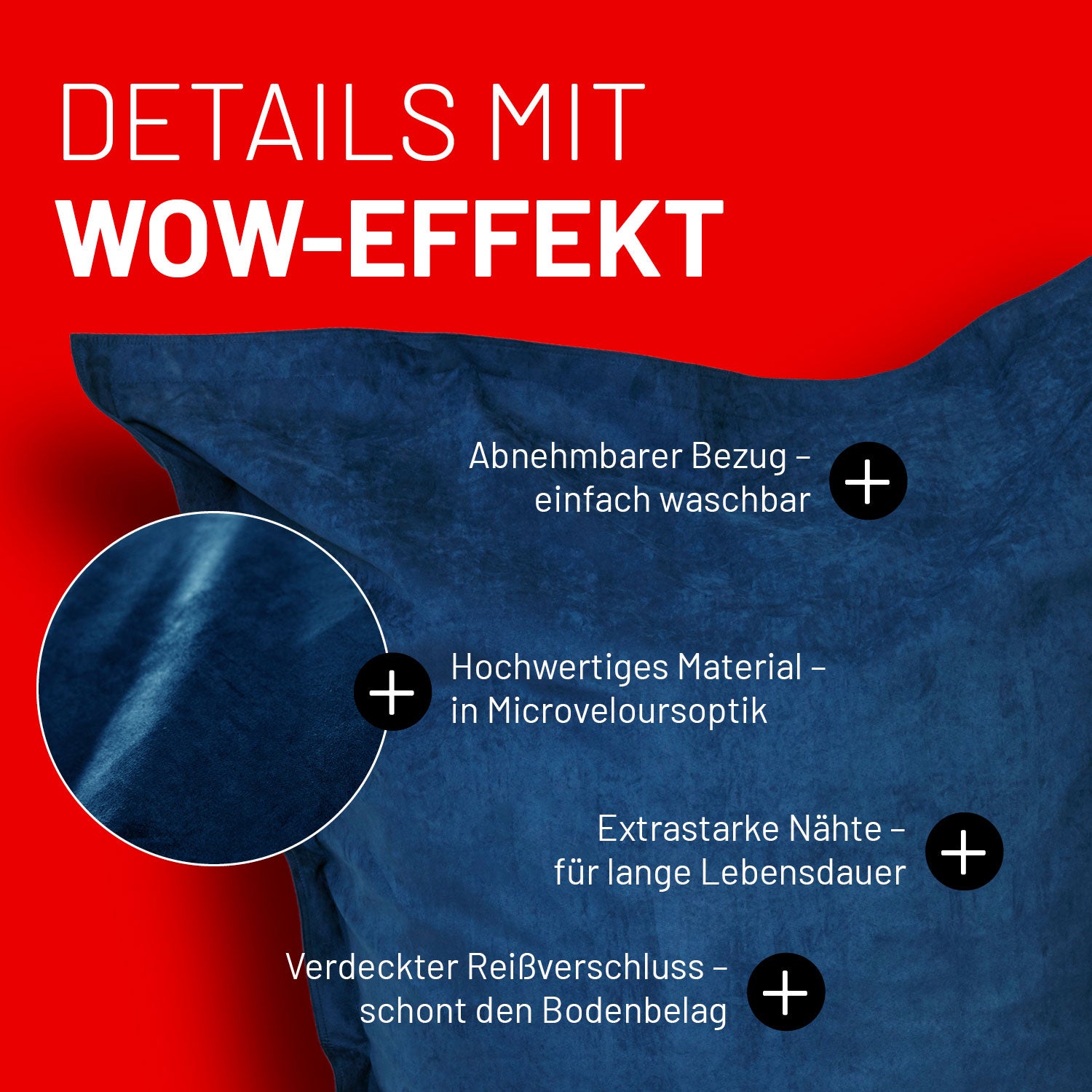 XXL Microvelours Sitzsack (380 L) Dunkelblau mit abnehmbarem Bezug, Microveloursoptik, extrastarken Nähten und verdecktem Reißverschluss.