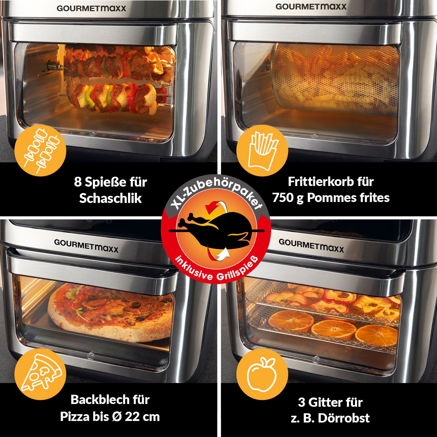 Heißluft-Ofen Digital mit Sichtfenster - 12l mit Grillspießen, Frittierkorb, Backblech und Dörrgittern für vielseitiges Garen.