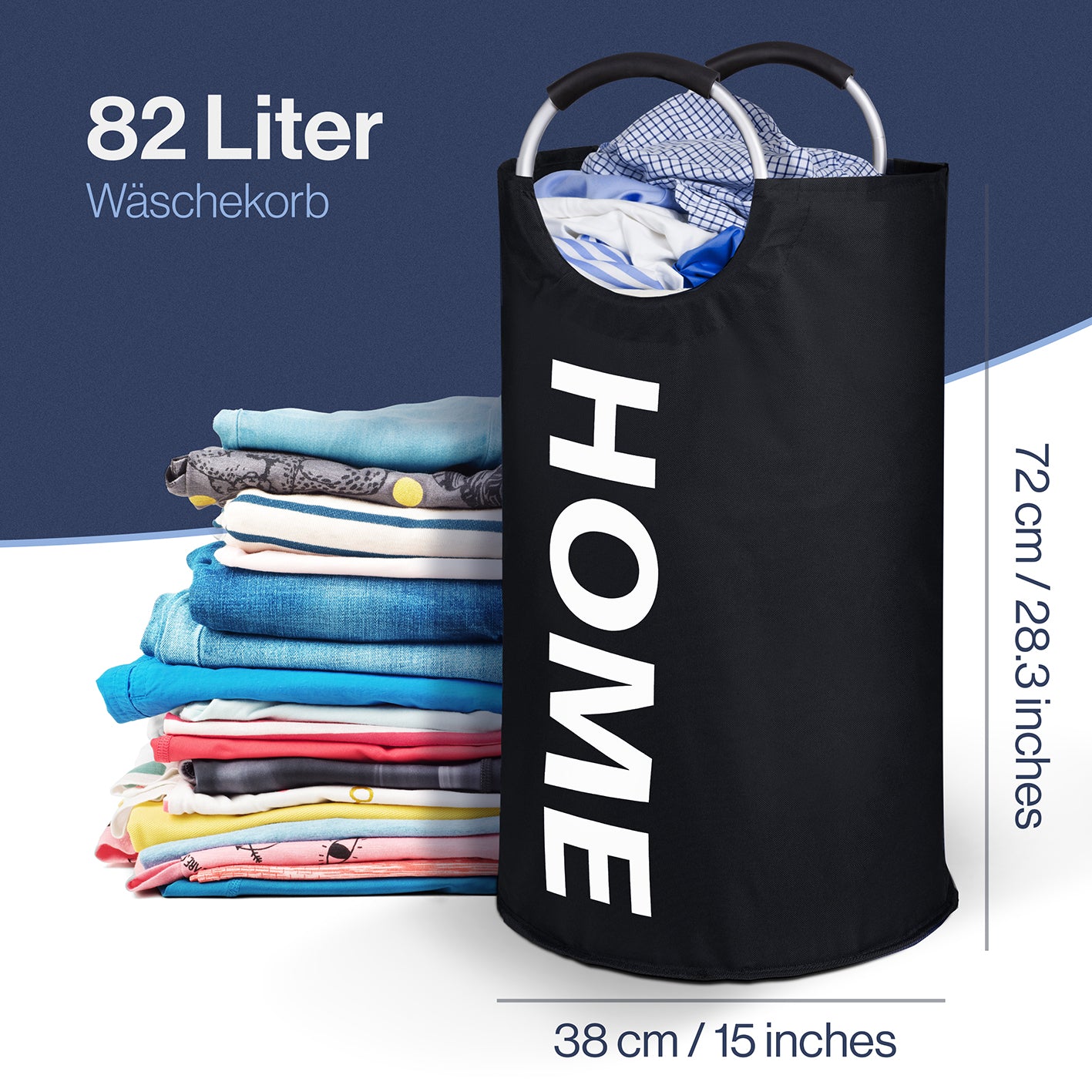 Faltbarer Wäschekorb - Schwarz - 82 Liter, großer, robuster Wäschekorb aus wasserabweisendem Polyester mit Tragegriffen, 72 cm hoch, 38 cm breit.