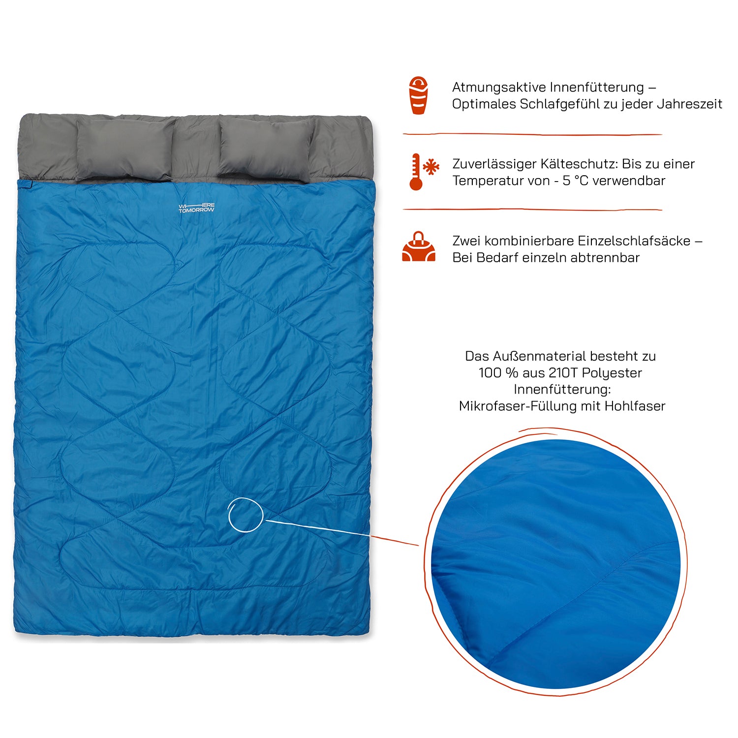 Doppelschlafsack mit Tragetasche - 2-Personen Schlafsack in Royalblau, wasserabweisend, atmungsaktiv, bis -5 °C, mit extra Kissenfach.