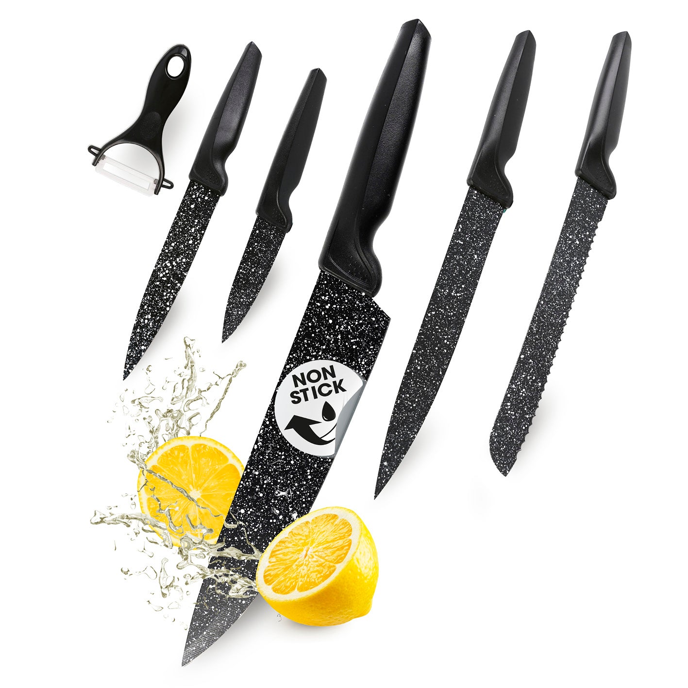 Messerset inkl. Sparschäler - 6-tlg. mit Antihaftbeschichtung, modernes Design, vielseitig für alle Küchen-Schneidarbeiten.