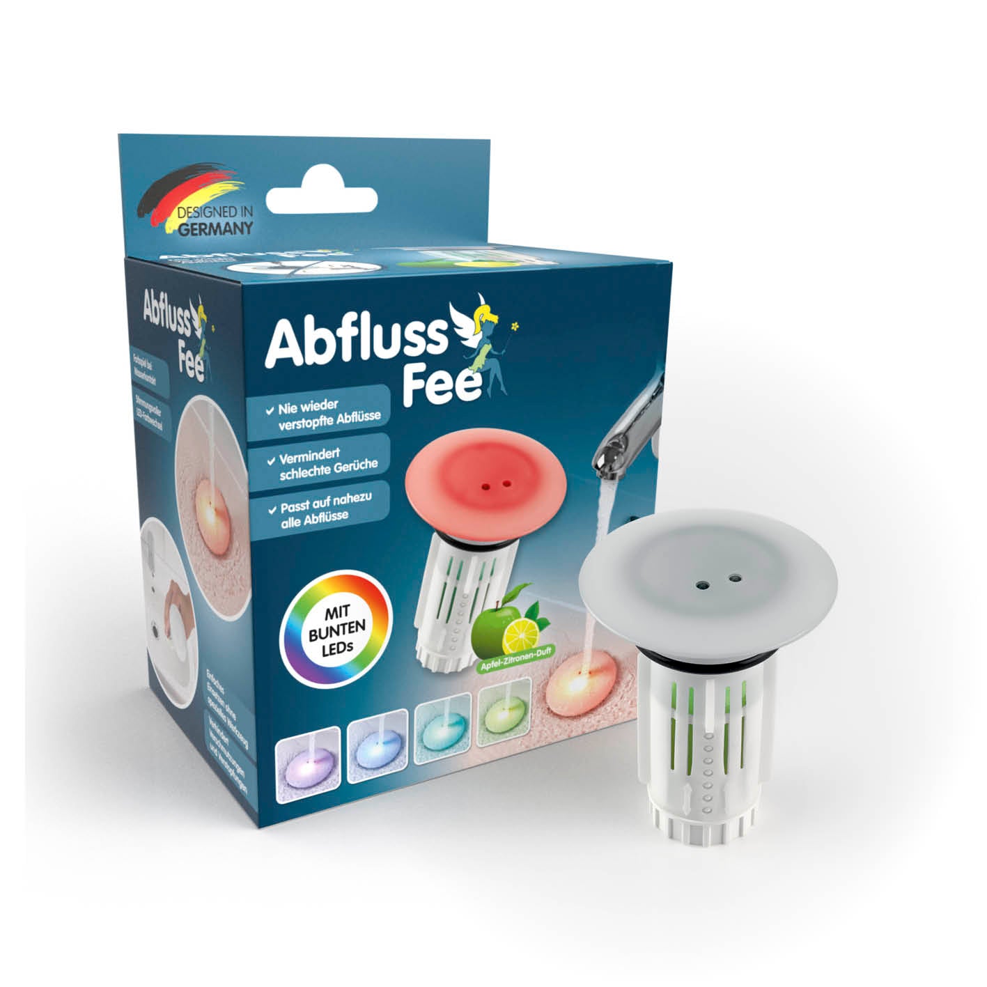 Abfluss-Fee LED-Abflussstopfen mit farbigen LEDs, verhindert Gerüche, passt auf nahezu alle Abflüsse, höhenverstellbar und nachfüllbar.