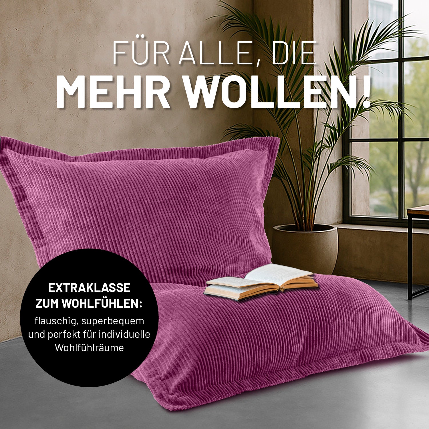 Sitzsack Classic XXL aus der LUMALAND Cord-Reihe - 380 L - 140 x 180 cm - Weinrot in modernem Wohnraum mit offenem Buch und Pflanze.