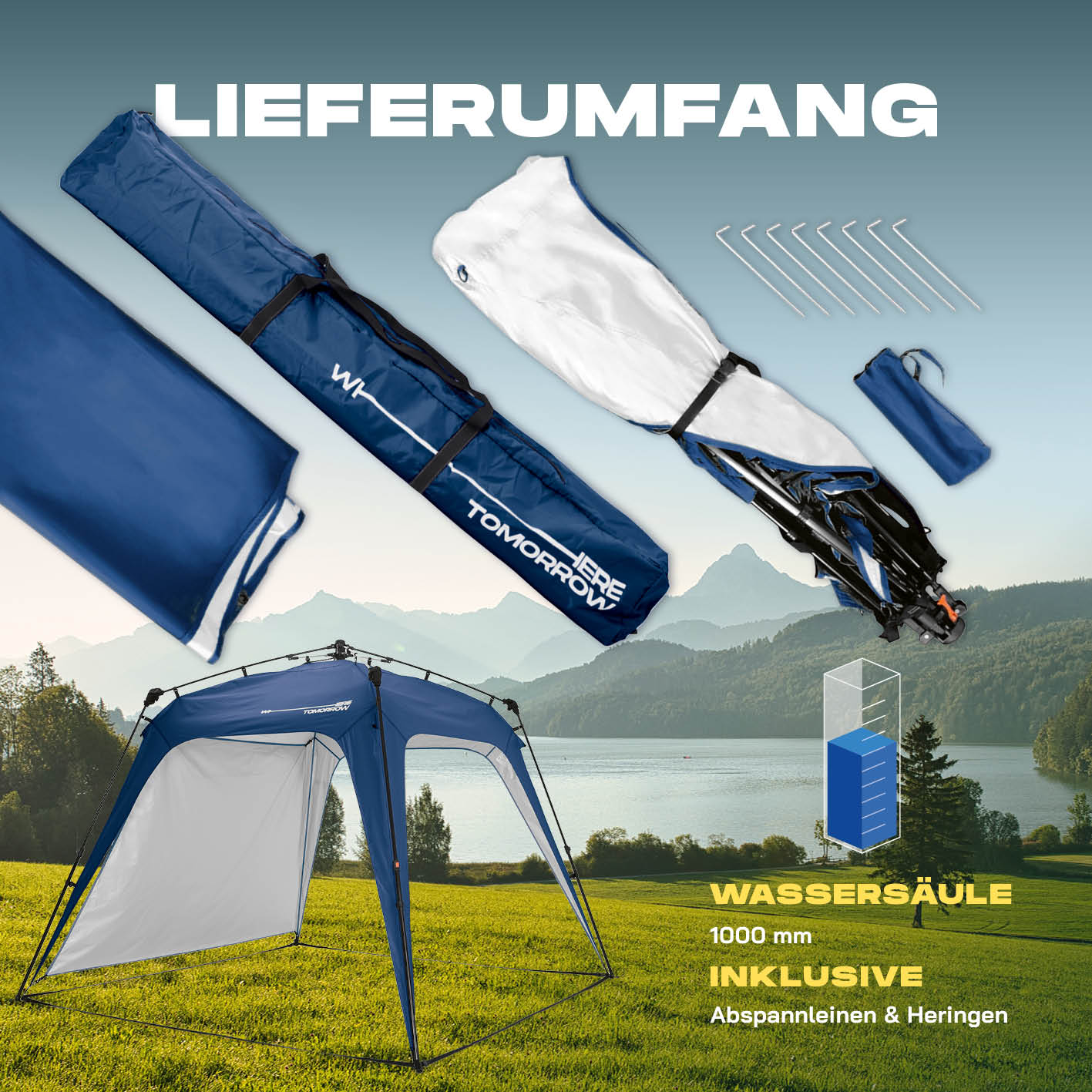 Pop up Pavillon - Blau mit Tasche, Seitenwand, Heringen und einfachem Quick-Up Aufbau für Outdoor-Events und Wetterfestigkeit.