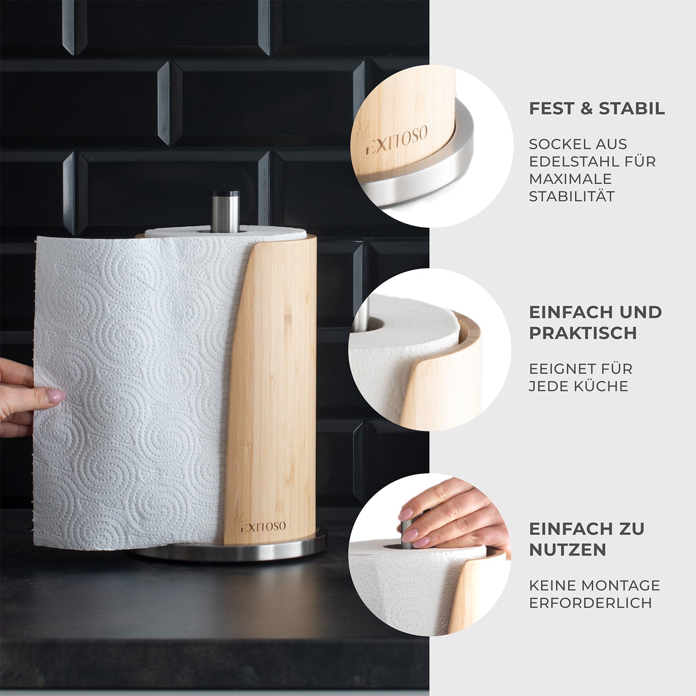 Küchenrollenhalter - Bambus + Edelstahl, stilvoll, rostfrei, stabil und nachhaltig, ideal für Küche, Bad, Büro und Restaurant.