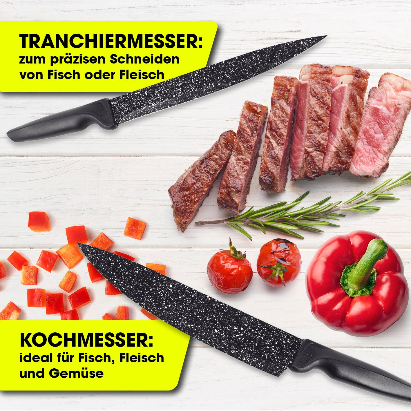 Messerset inkl. Sparschäler - 6-tlg. mit Antihaftbeschichtung, ideal zum präzisen Schneiden von Fleisch, Fisch und Gemüse.