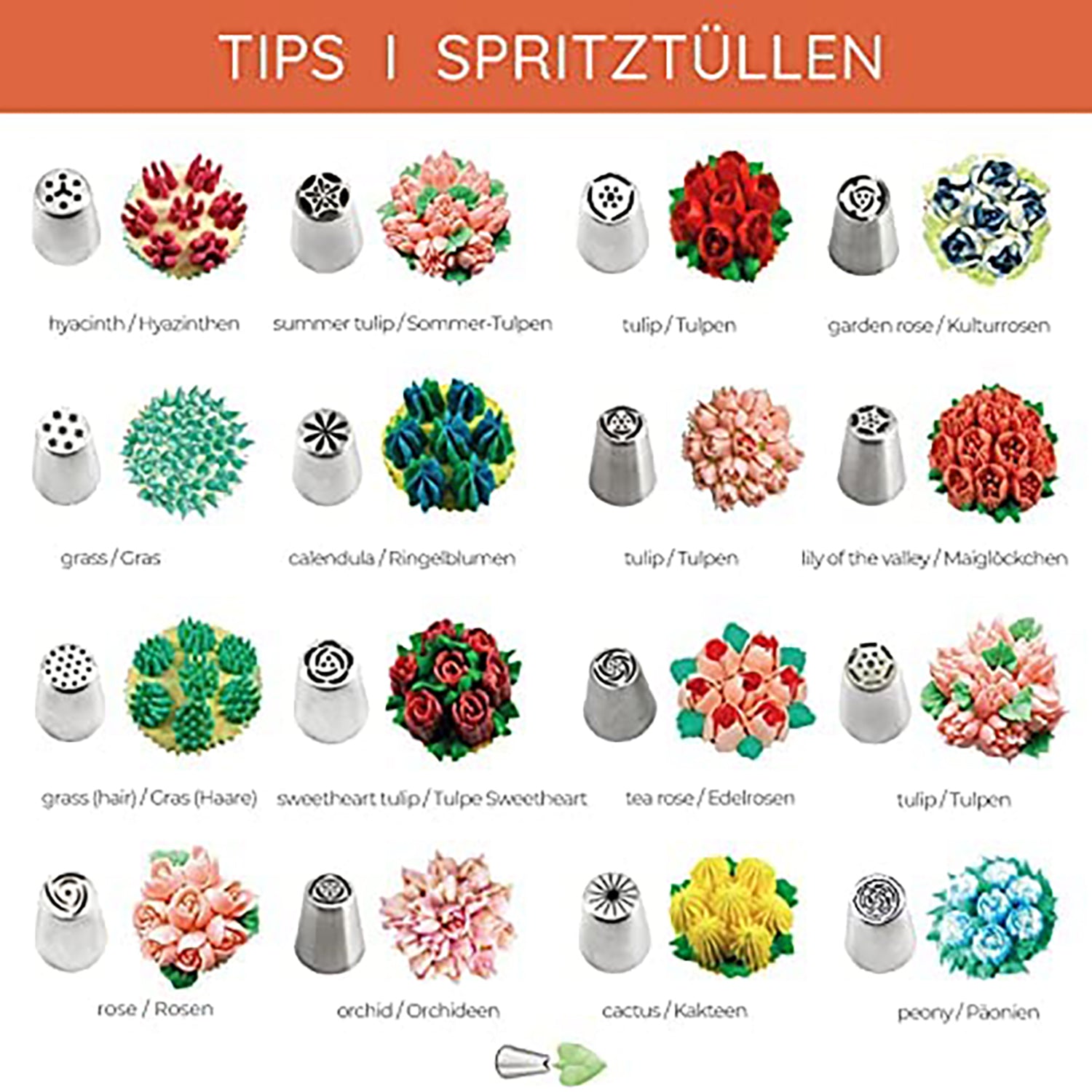 Spritzbeutel-Set mit Tüllen - 43-tlg. zeigt verschiedene Edelstahl-Tüllen mit dekorativen Blumenmustern für Kuchenverzierung.
