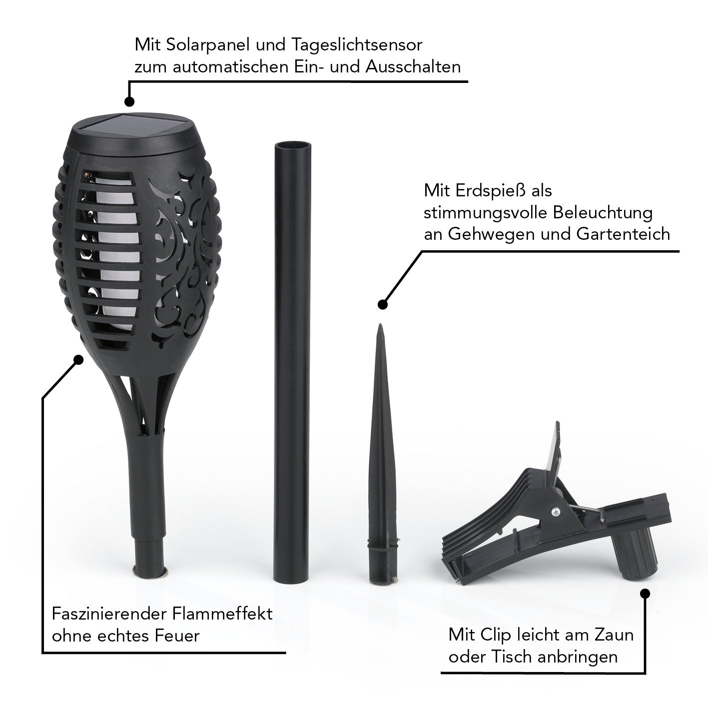 Solar-Fackel LED mit Erdspieß und Clip - 2er-Set mit Flammeneffekt, wetterbeständig, mit Tageslichtsensor für automatische Beleuchtung.