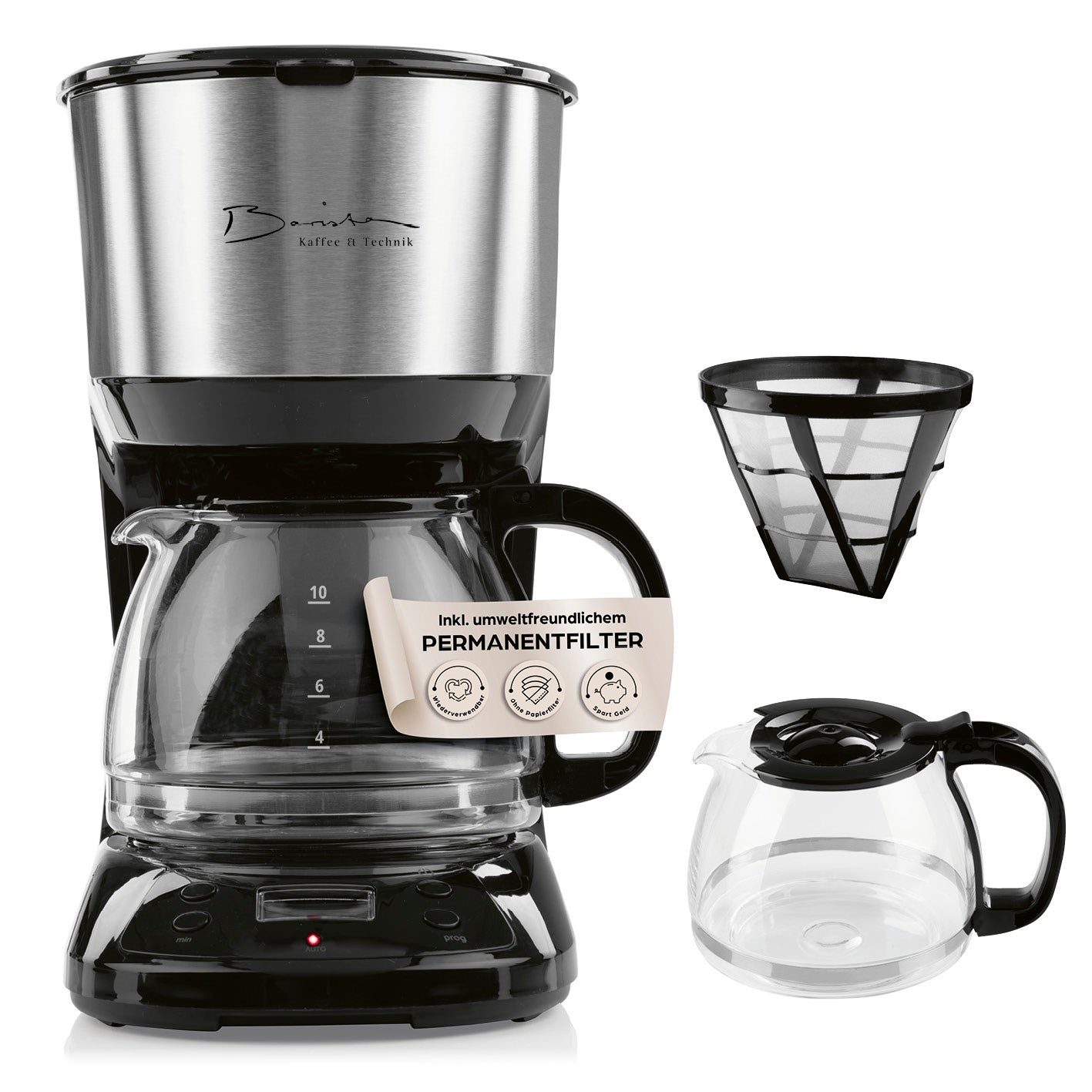 Filterkaffeemaschine mit Glaskanne, Digitaldisplay, Timerfunktion und waschbarem Permanentfilter für bis zu 10 Tassen Kaffee.
