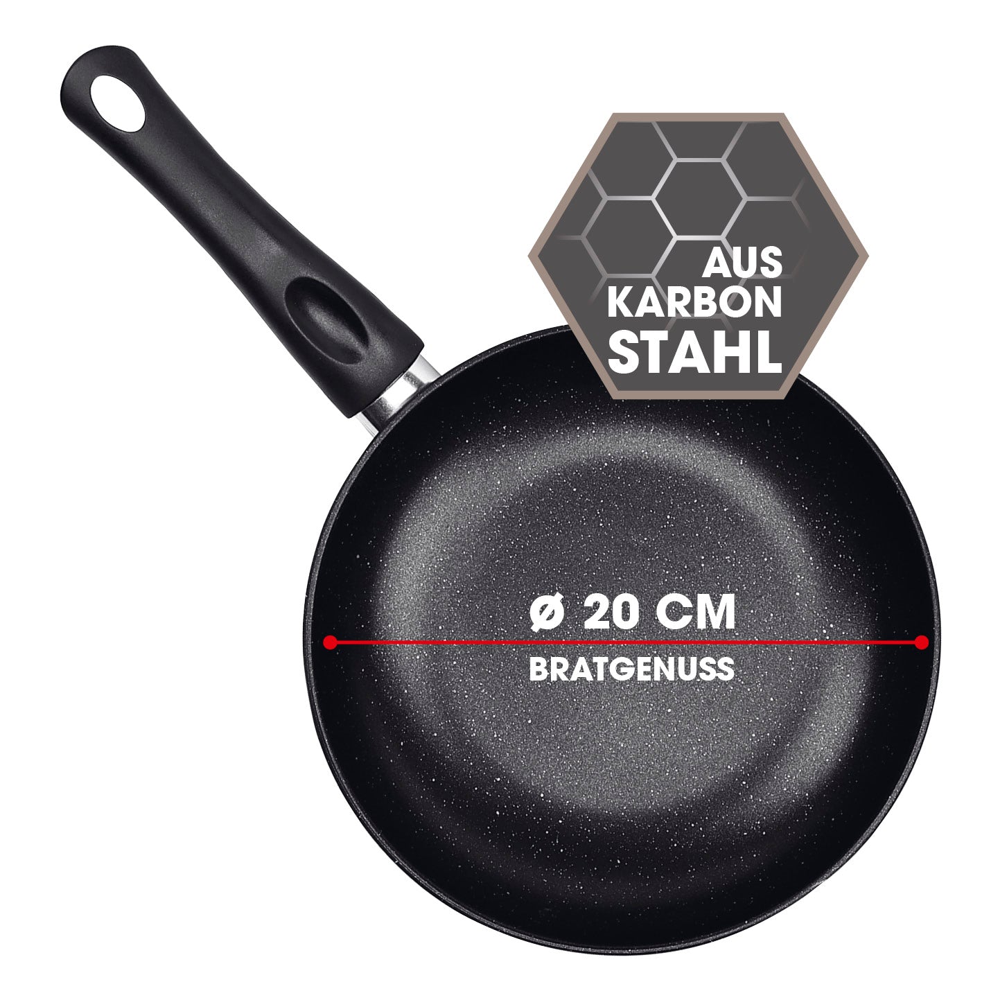 Karbonstahl-Bratpfanne Ø 20 cm mit 2-fach Antihaftbeschichtung, geeignet für alle Herdarten, langlebig und mit perfekter Hitzeverteilung.