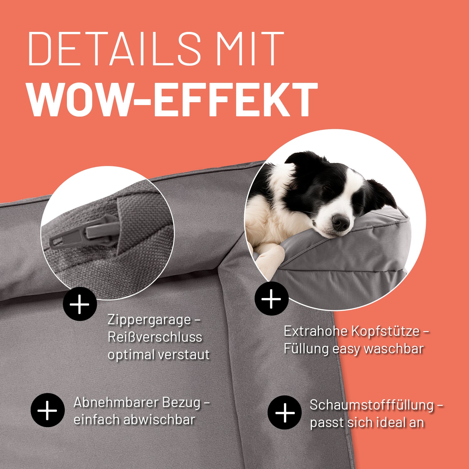 Komfort-Hundebett aus der LUMALAND Outdoor-Kollektion - Gr. M - 90 x 65 cm - Grau mit Reißverschluss, abnehmbarem Bezug und extra hoher Kopfstütze